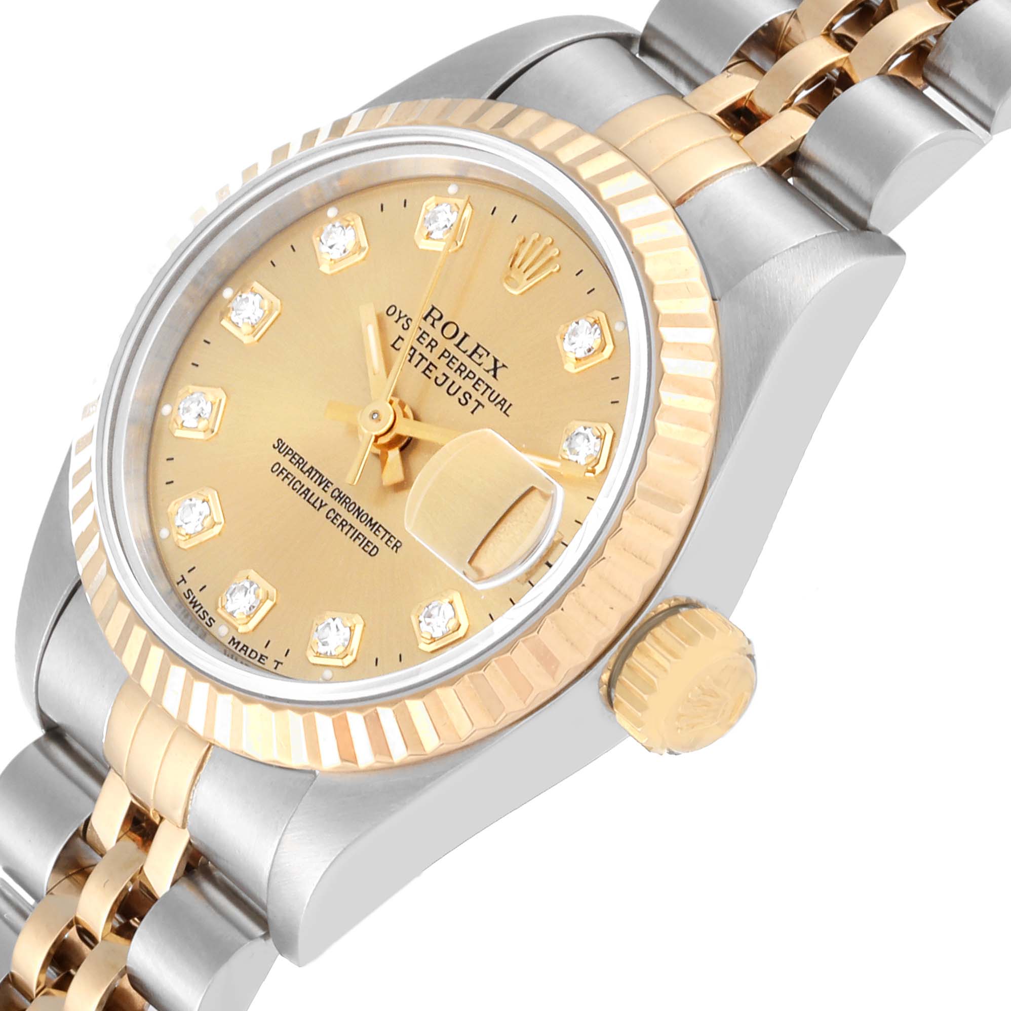 This image shows a close-up of a Rolex Datejust 69173G Women's Steel and Gold (two tone) Champagne Dial 69173G Women's Steel and Gold (two tone) Champagne Dial watch highlighting the dial, bezel, crown, and part of the bracelet at an angled view.