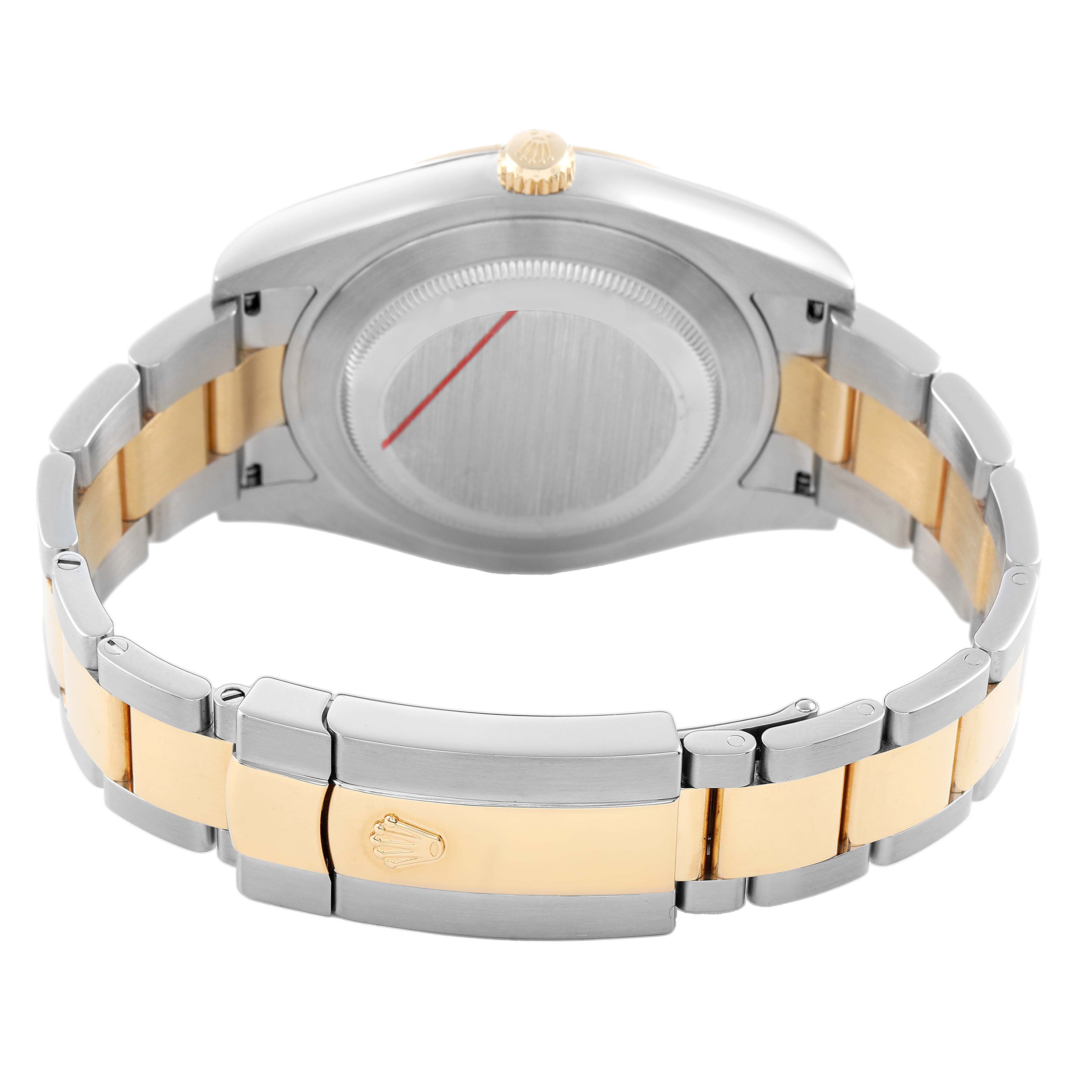 The Rolex Datejust 41 116333 Men's Steel and Gold (two tone) Champagne Dial is shown from the back, highlighting the stainless steel and gold bracelet and the clasp.
