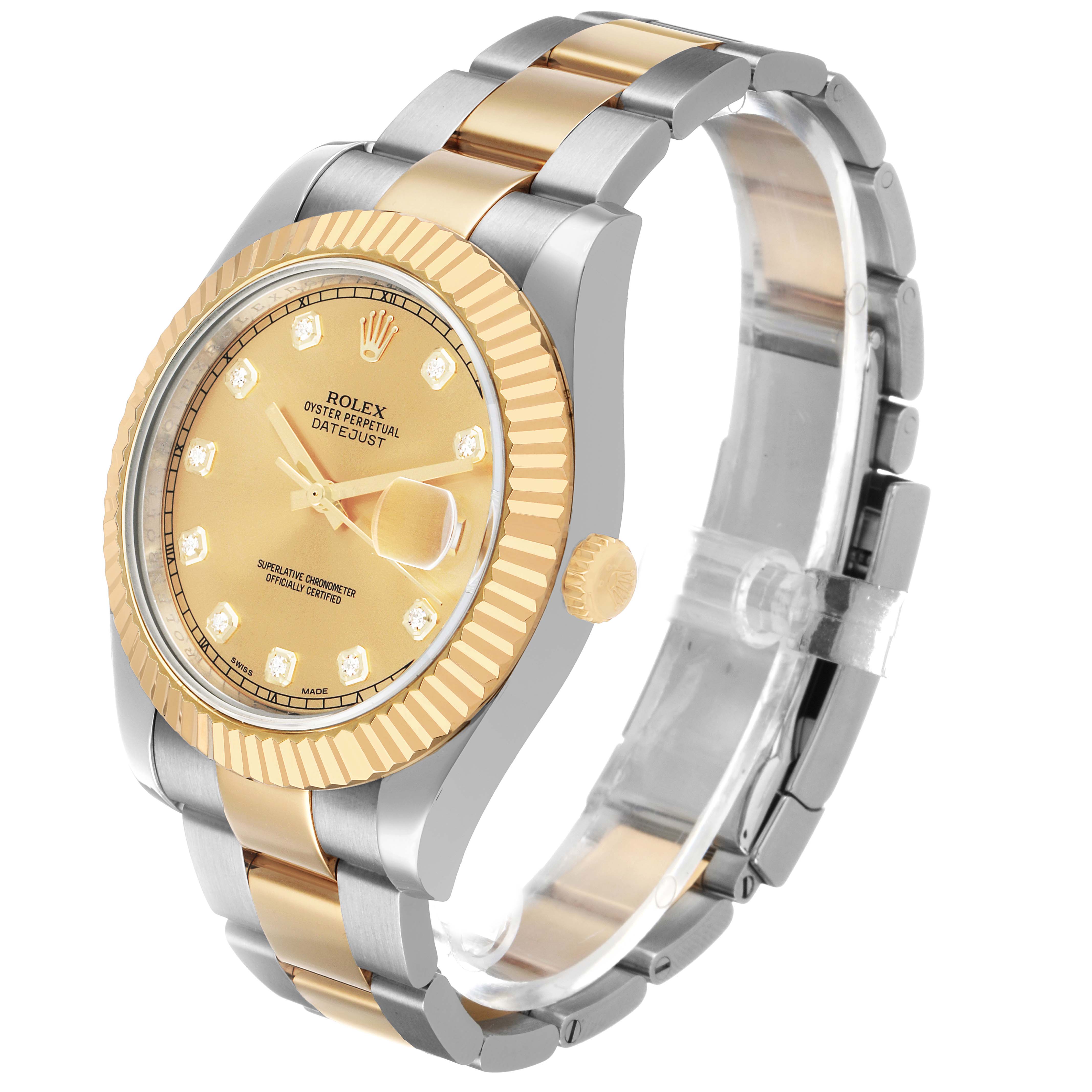 The Rolex Datejust 41 116333 Men's Steel and Gold (two tone) Champagne Dial is shown at a slight angle displaying the bezel, dial, crown, and part of the bracelet.