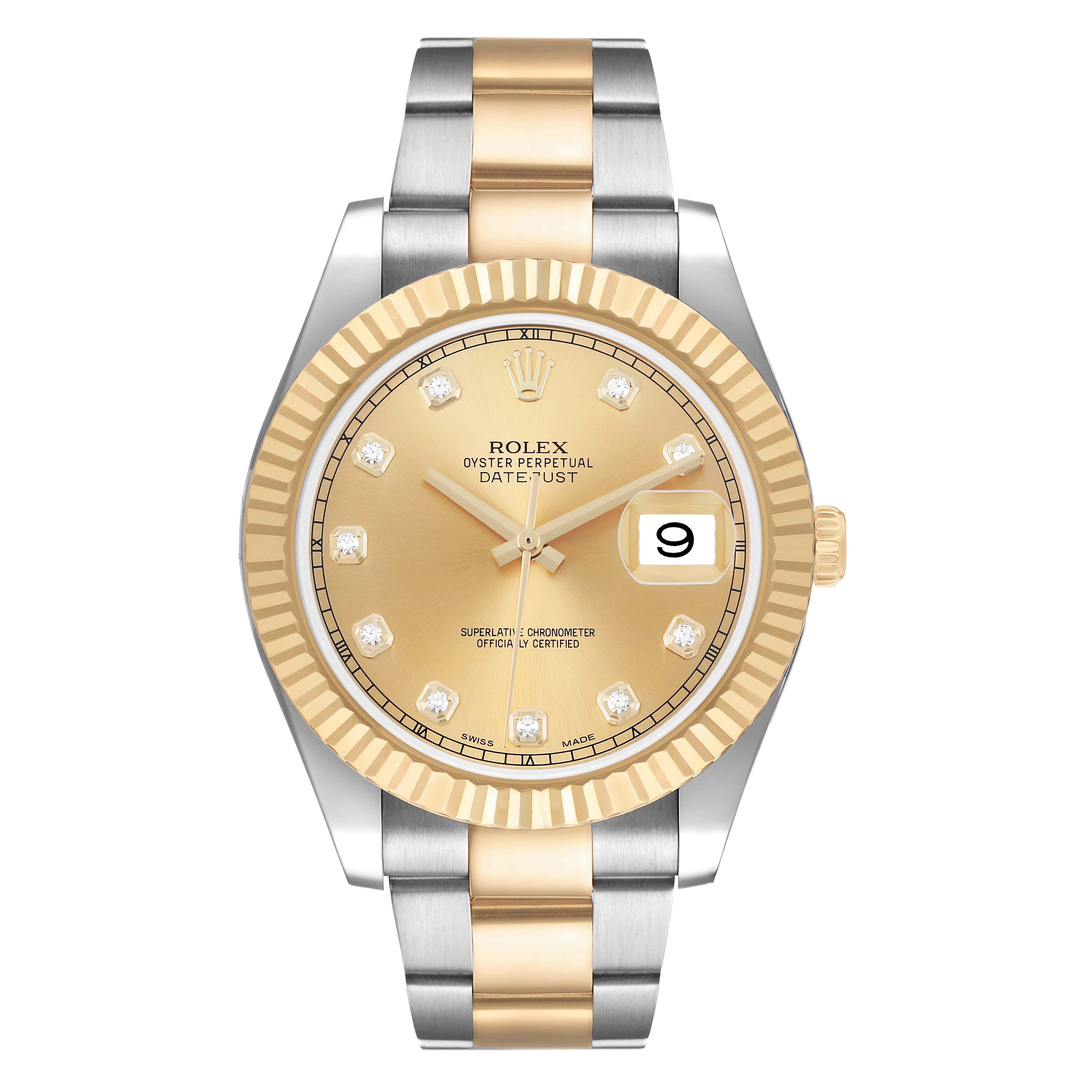 The Rolex Datejust 41 116333 Men's Steel and Gold (two tone) Champagne Dial is shown from a front angle, highlighting its gold dial, fluted bezel, and two-tone bracelet.