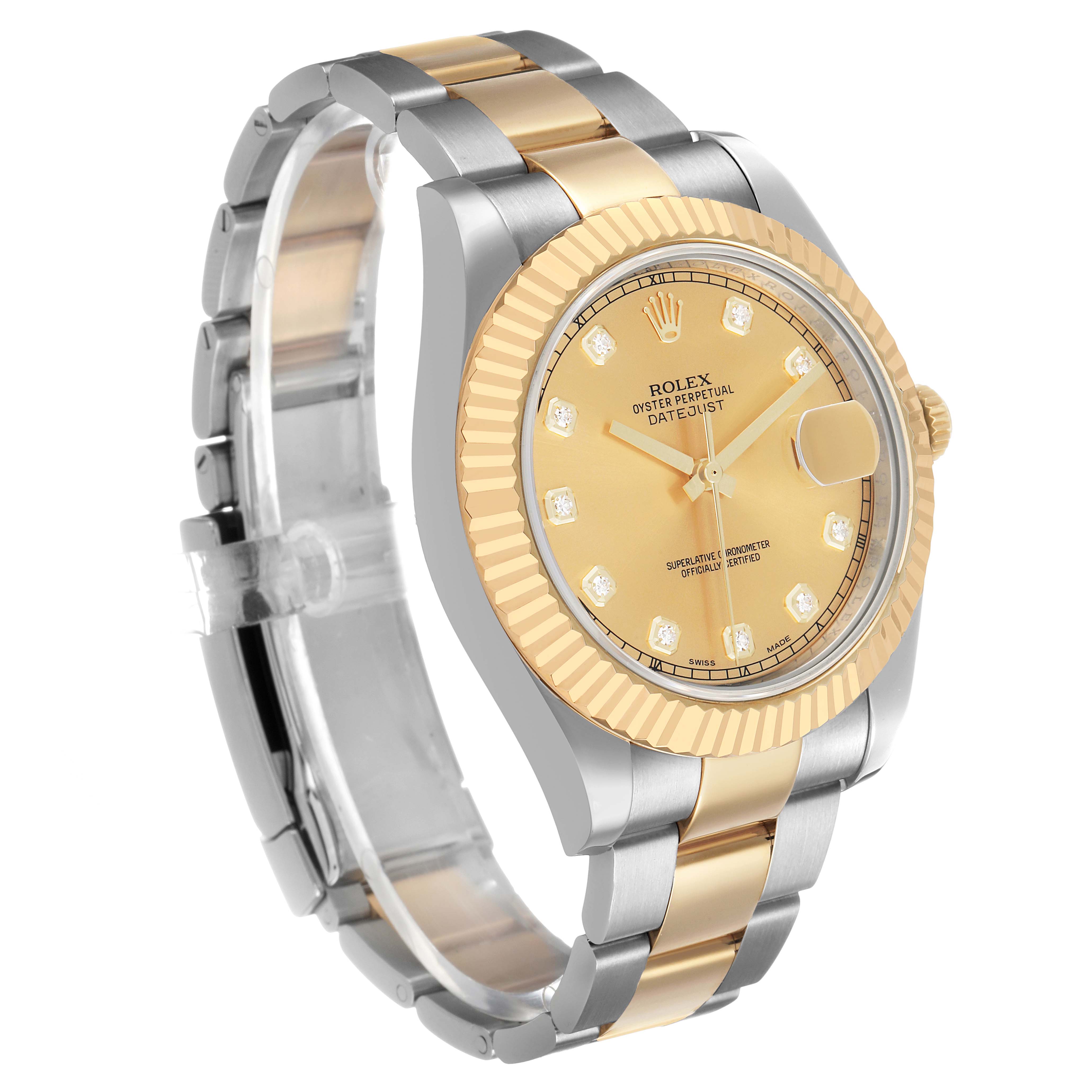 The Rolex Datejust 41 116333 Men's Steel and Gold (two tone) Champagne Dial is shown at a three-quarter angle, displaying the dial, bezel, and bracelet prominently.