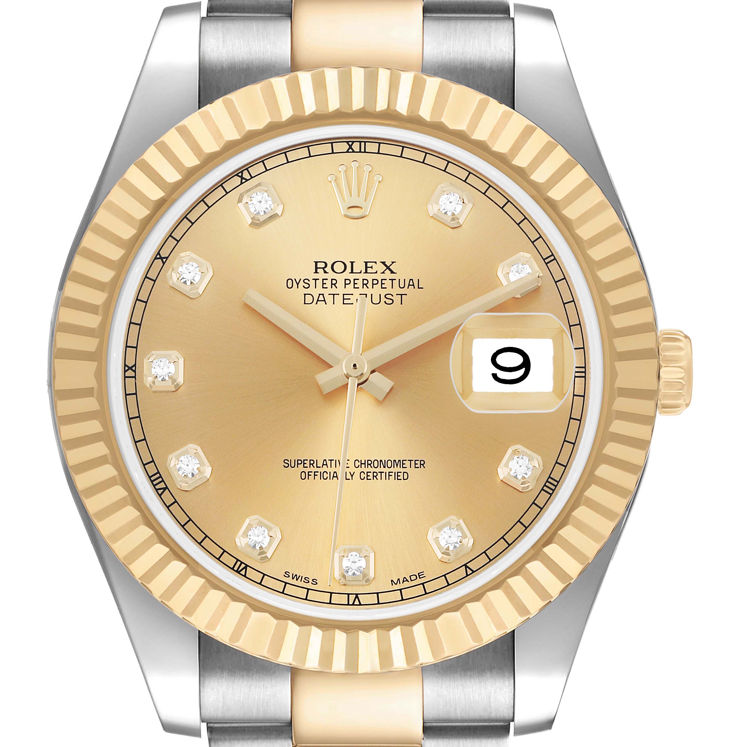 The Rolex Datejust 41 116333 Men's Steel and Gold (two tone) Champagne Dial is shown from the front, displaying its gold dial, fluted bezel, and Cyclops date window.