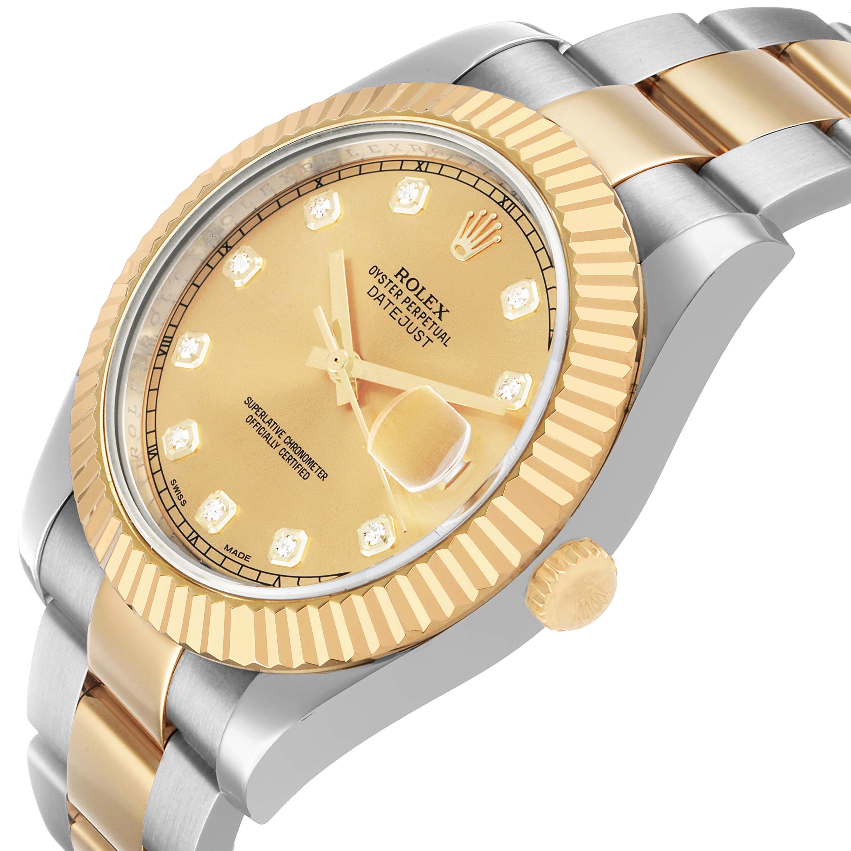 The image shows a Rolex Datejust 41 116333 Men's Steel and Gold (two tone) Champagne Dial from a side angle, highlighting the fluted bezel, crown, and two-tone bracelet.