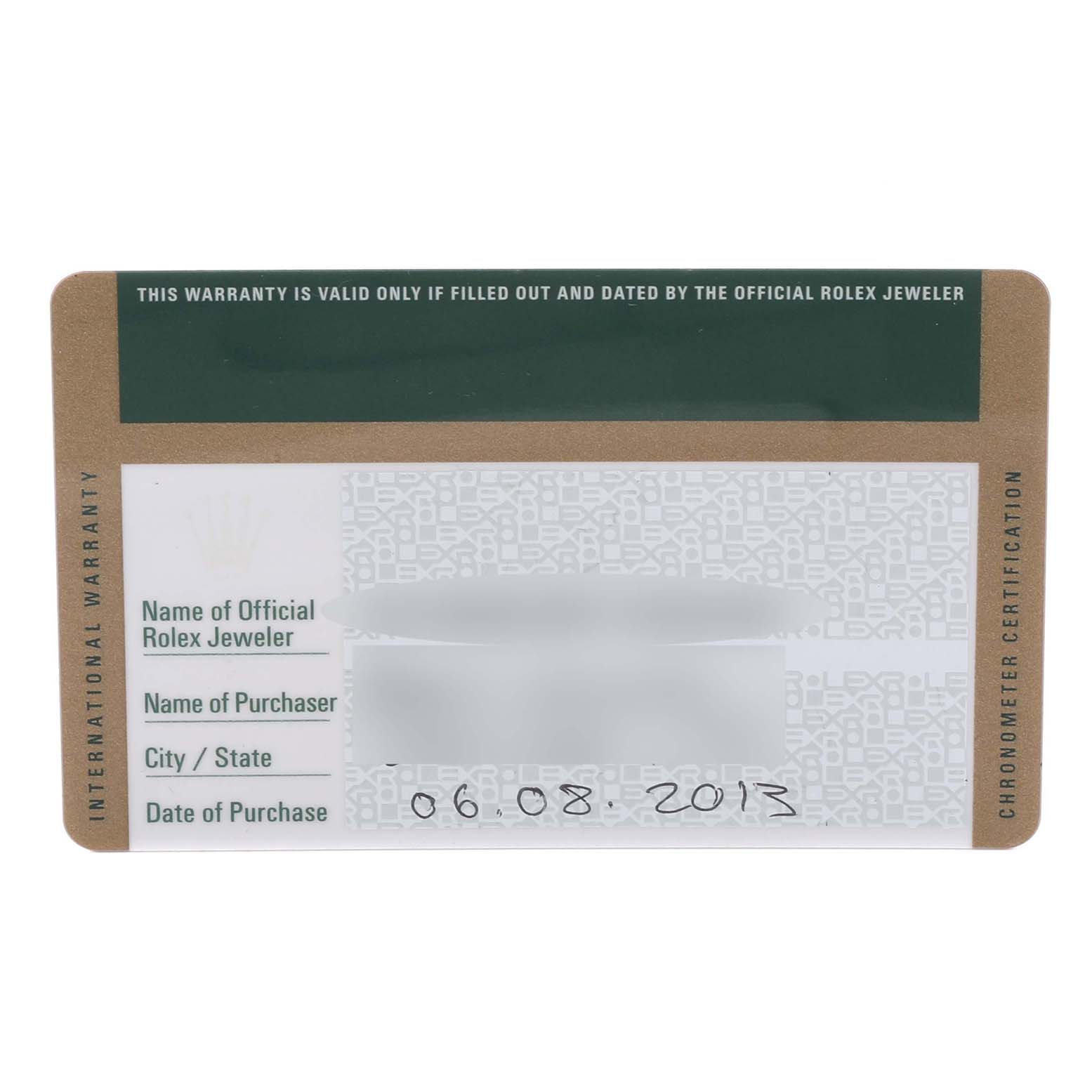 The image shows a Rolex international warranty card for a Mid-Size model.