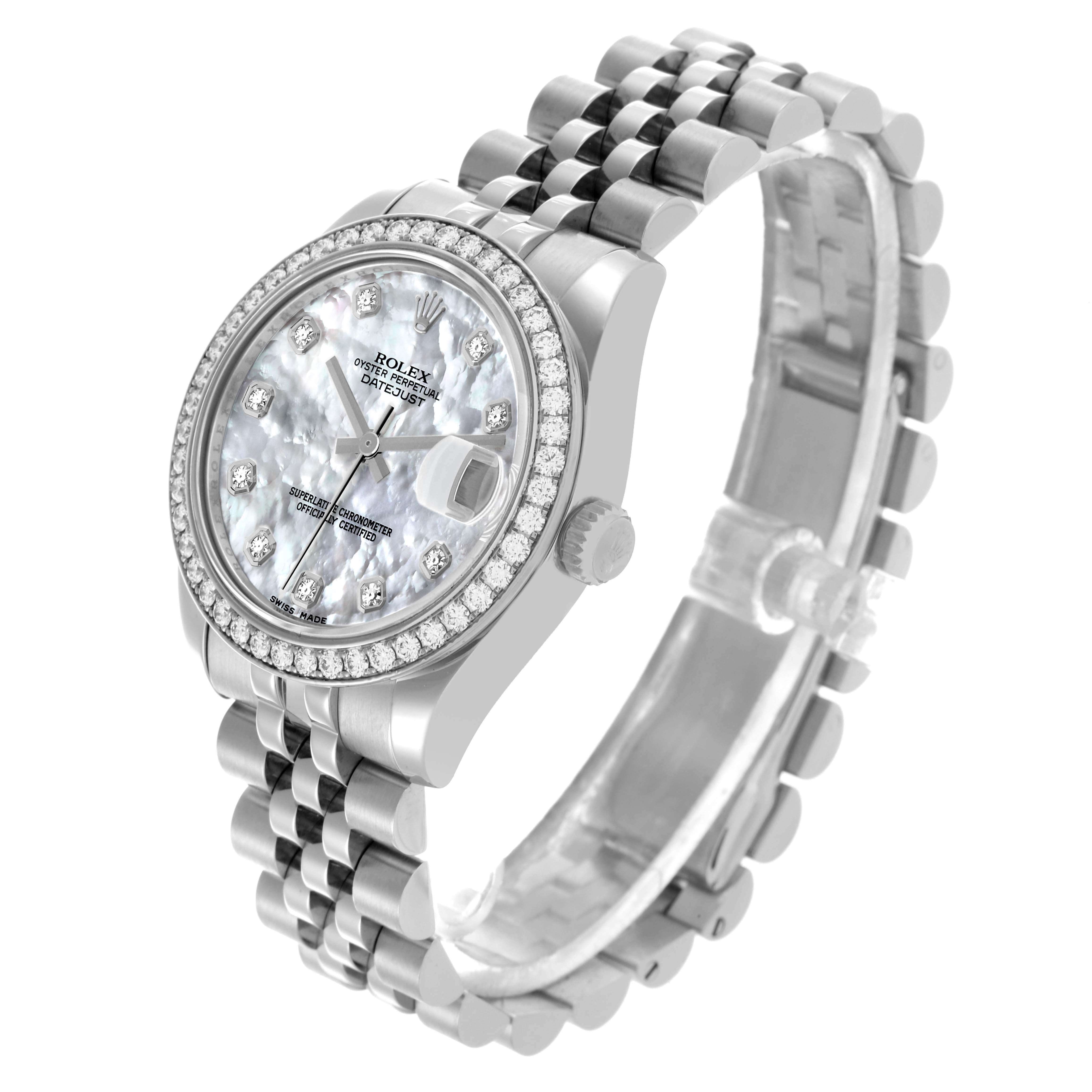 The Rolex Mid-Size 178384 Women's Stainless Steel Mother of Pearl Dial 178384 Women's Stainless Steel Mother of Pearl Dial watch is shown at an angle highlighting the face, bezel, crown, and bracelet.