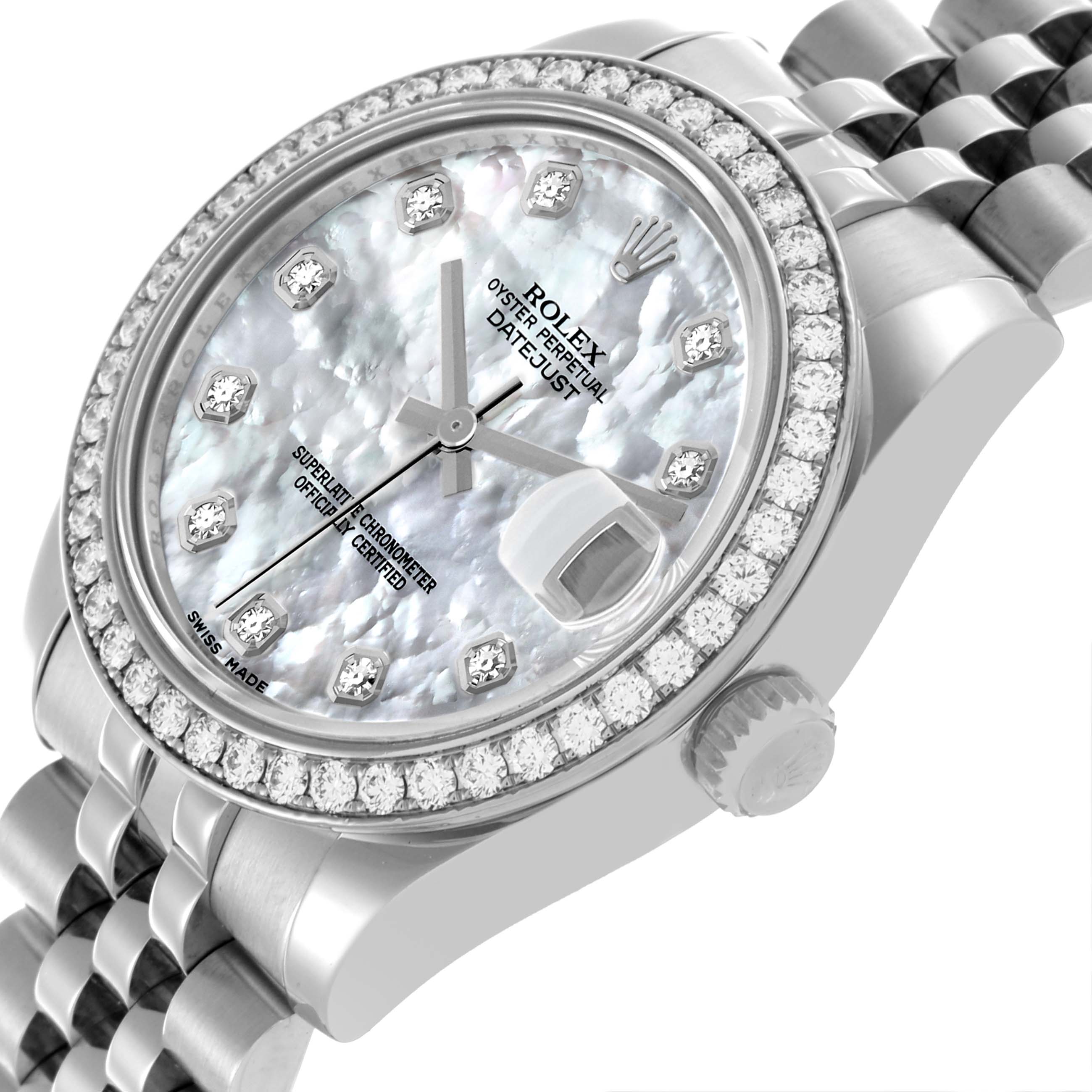 The Rolex Mid-Size 178384 Women's Stainless Steel Mother of Pearl Dial 178384 Women's Stainless Steel Mother of Pearl Dial watch is shown at an angled close-up, highlighting the diamond bezel, dial, and bracelet.