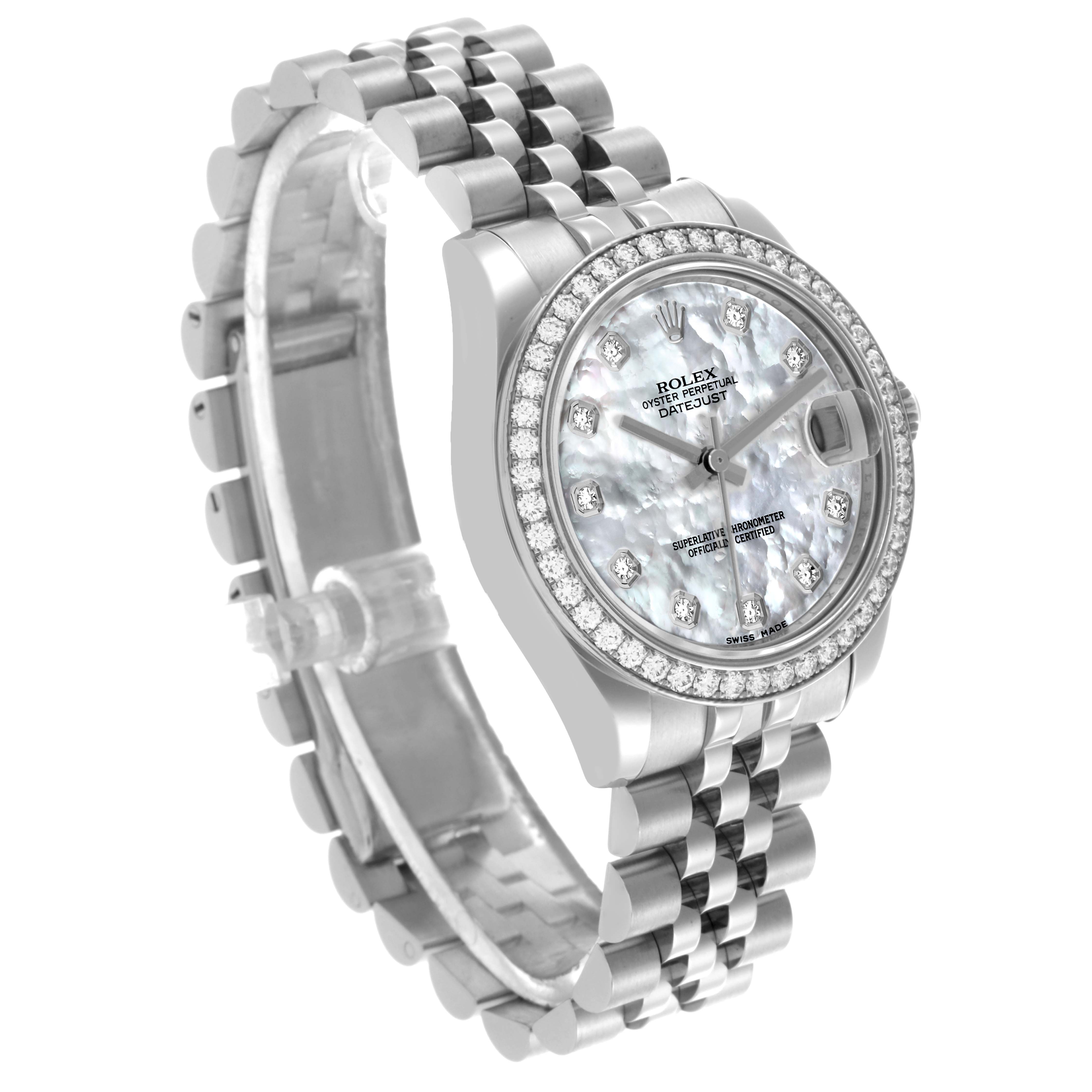 The Rolex Mid-Size 178384 Women's Stainless Steel Mother of Pearl Dial 178384 Women's Stainless Steel Mother of Pearl Dial watch is shown at a three-quarter angle, highlighting the dial, bezel, and part of the bracelet.