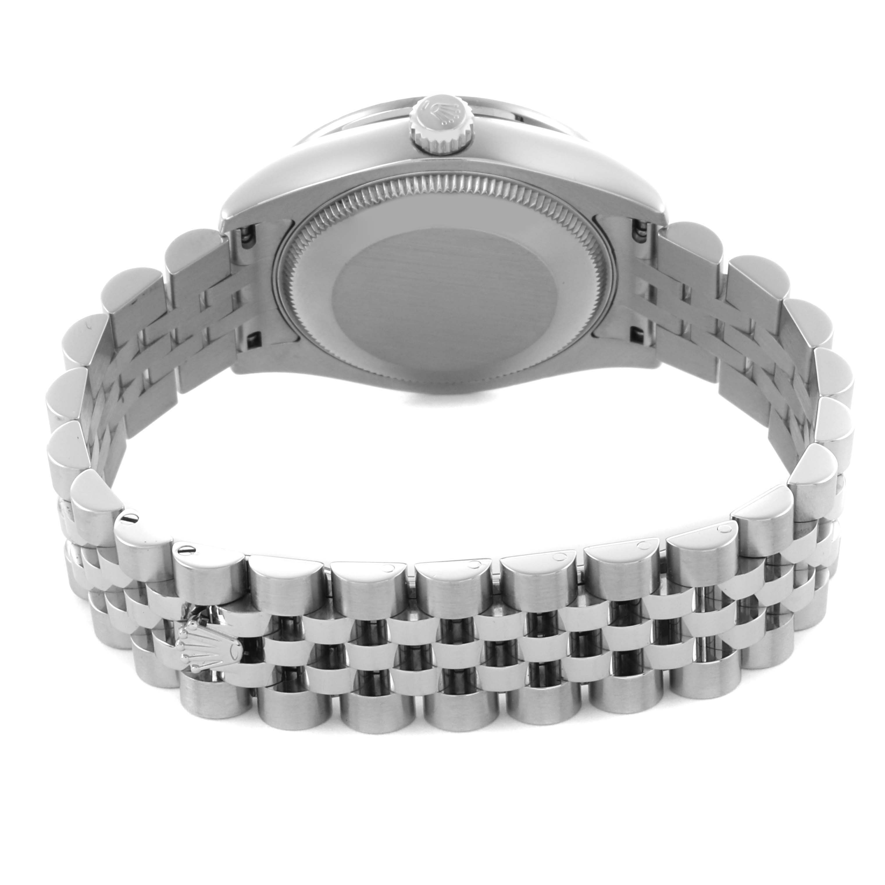 The Rolex Mid-Size 178384 Women's Stainless Steel Mother of Pearl Dial 178384 Women's Stainless Steel Mother of Pearl Dial model is shown from the back, highlighting the case back and bracelet.