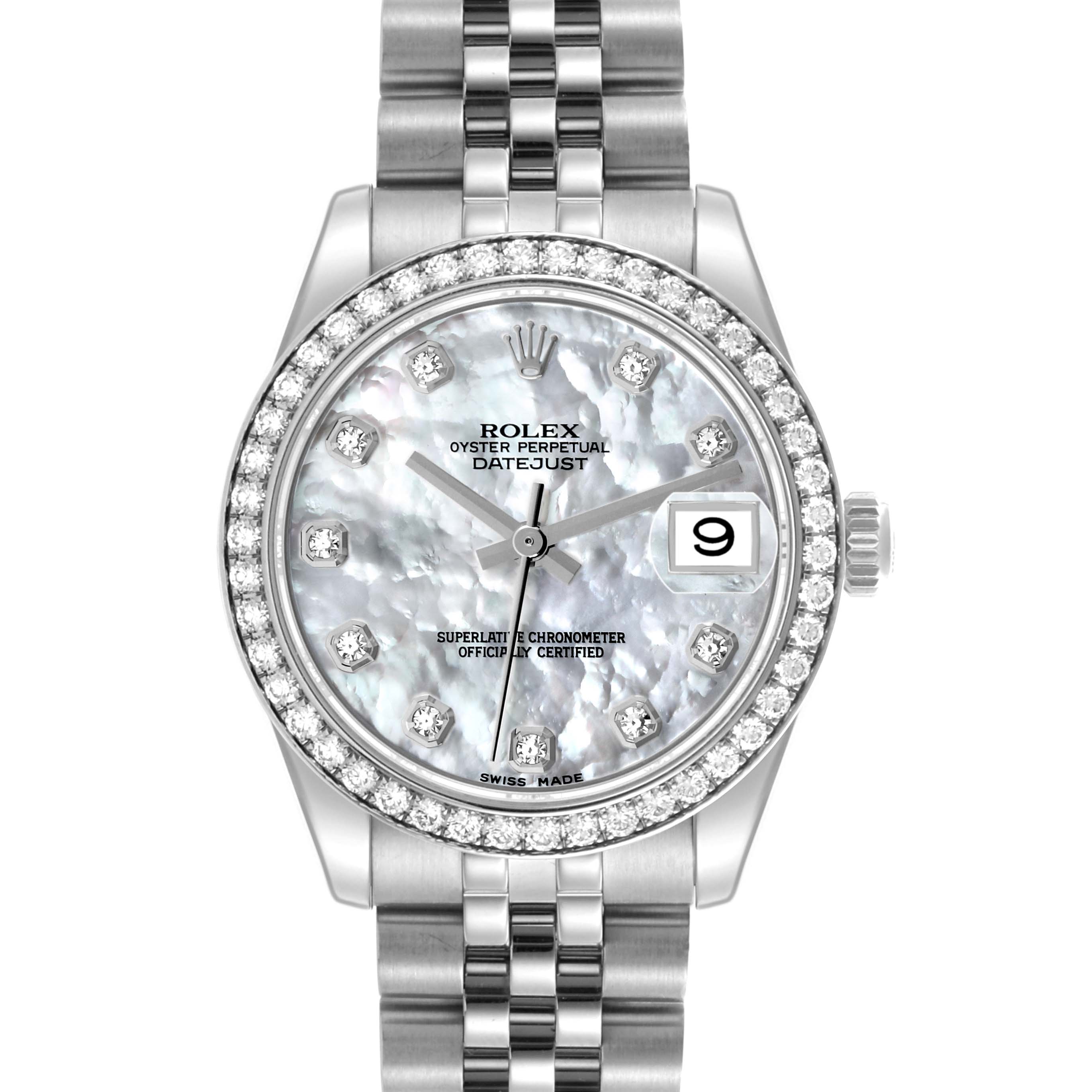 The Rolex Mid-Size 178384 Women's Stainless Steel Mother of Pearl Dial 178384 Women's Stainless Steel Mother of Pearl Dial Datejust watch is shown from the front, highlighting its face, bezel, and bracelet.
