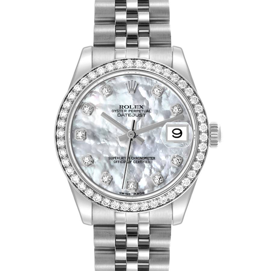 The Rolex Mid-Size Datejust watch is shown from the front, highlighting its face, bezel, and bracelet.