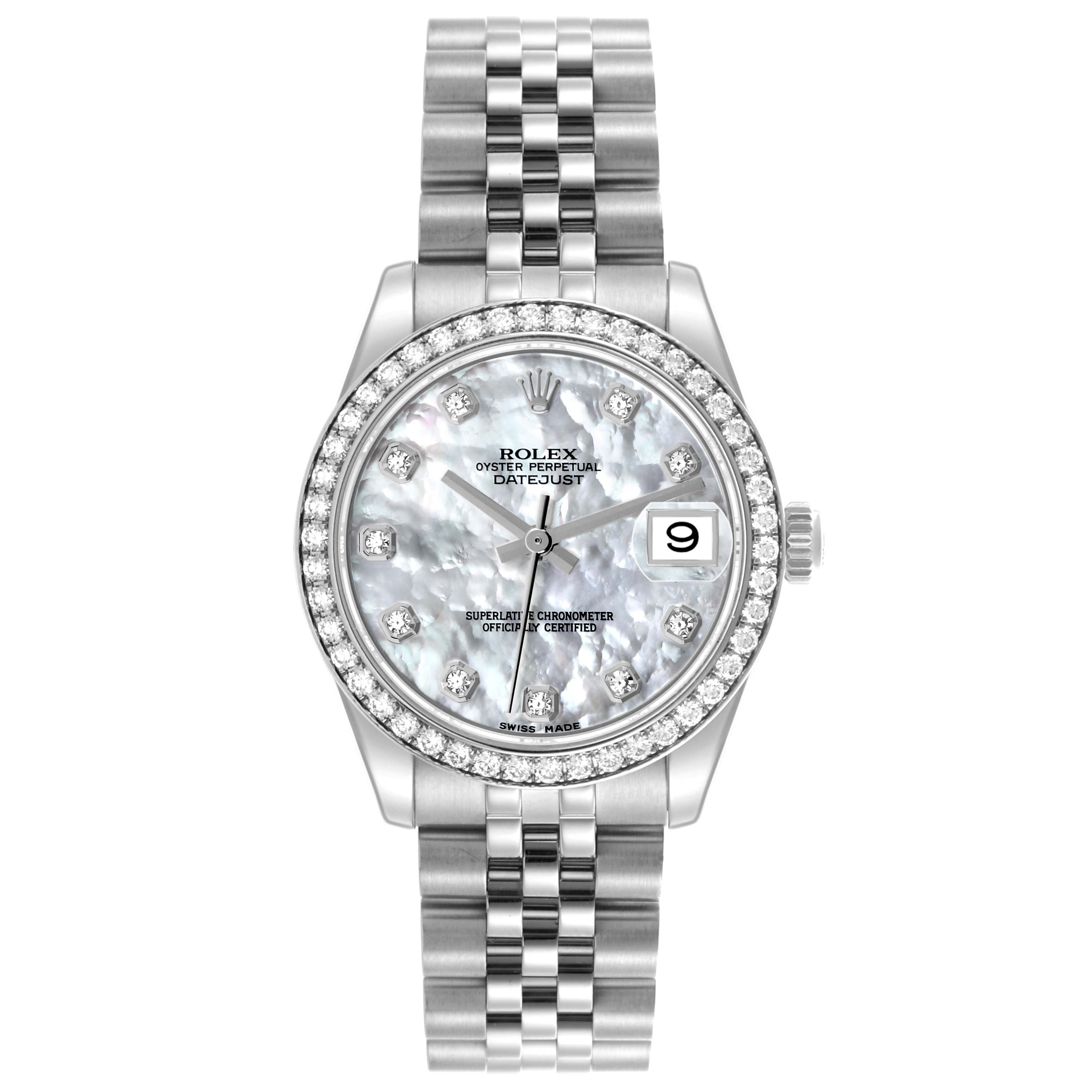 The Rolex Mid-Size 178384 Women's Stainless Steel Mother of Pearl Dial 178384 Women's Stainless Steel Mother of Pearl Dial model is shown from a front angle, displaying its face, bezel, and part of the bracelet.