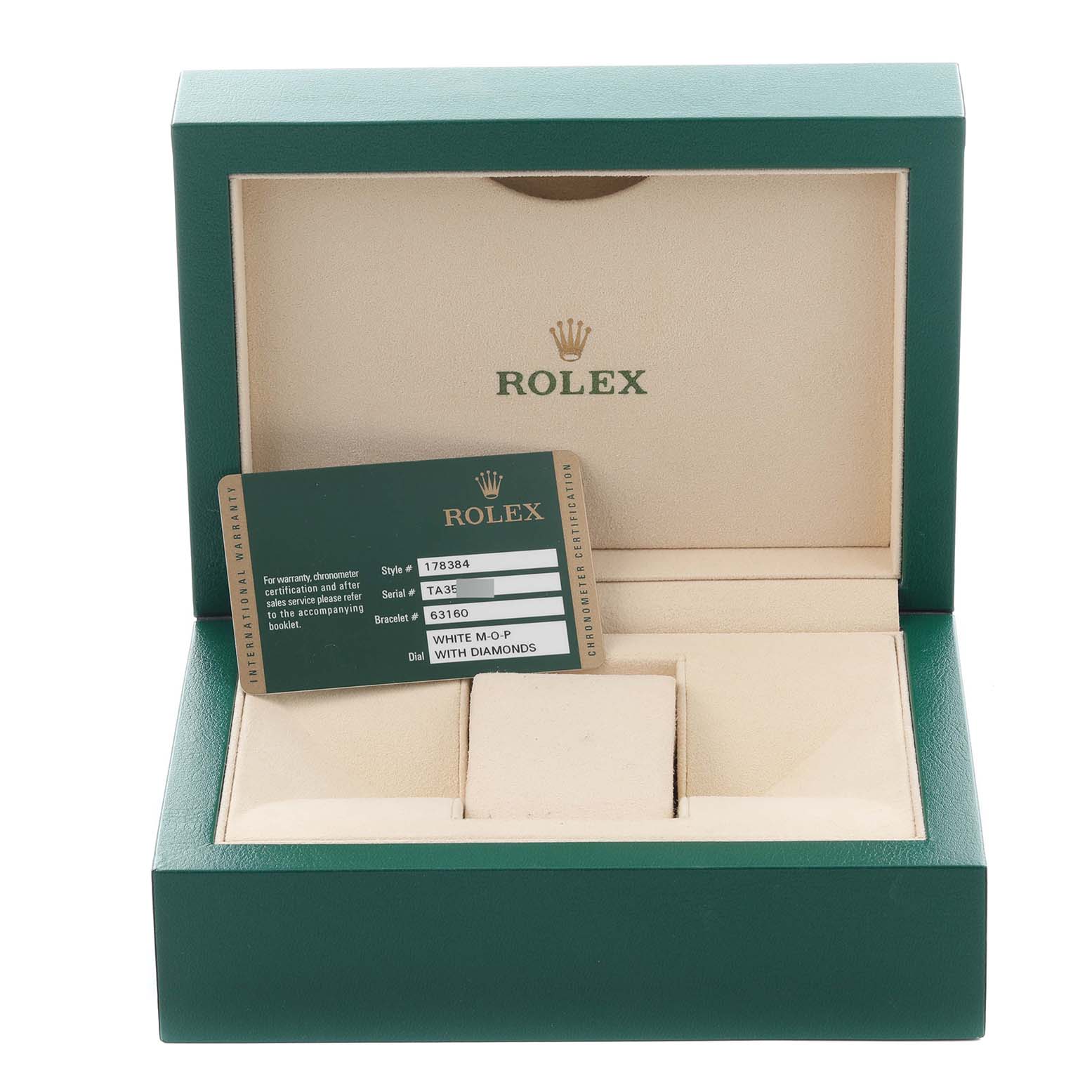 The image shows a Rolex Mid-Size 178384 Women's Stainless Steel Mother of Pearl Dial 178384 Women's Stainless Steel Mother of Pearl Dial model watch box and warranty card, viewed from the front with the box open.
