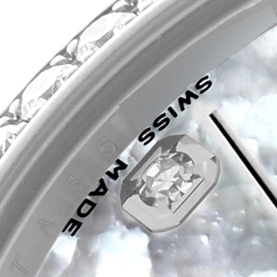 The image shows a close-up of the Rolex Mid-Size 178384 Women's Stainless Steel Mother of Pearl Dial 178384 Women's Stainless Steel Mother of Pearl Dial watch face, focusing on the "SWISS MADE" text and a diamond hour marker.