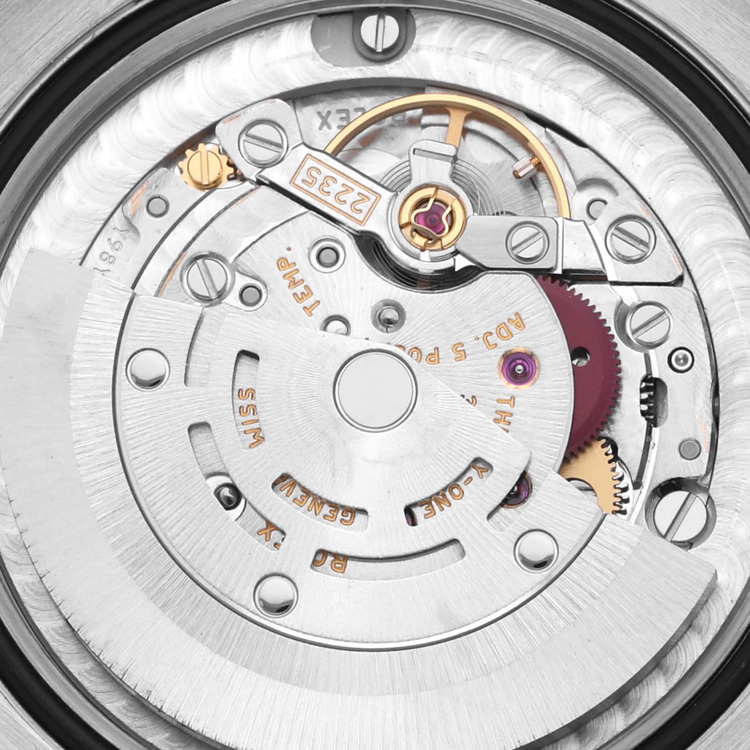 The image shows the intricate movement components of a Rolex Mid-Size 178384 Women's Stainless Steel Mother of Pearl Dial 178384 Women's Stainless Steel Mother of Pearl Dial watch from a top-down angle.