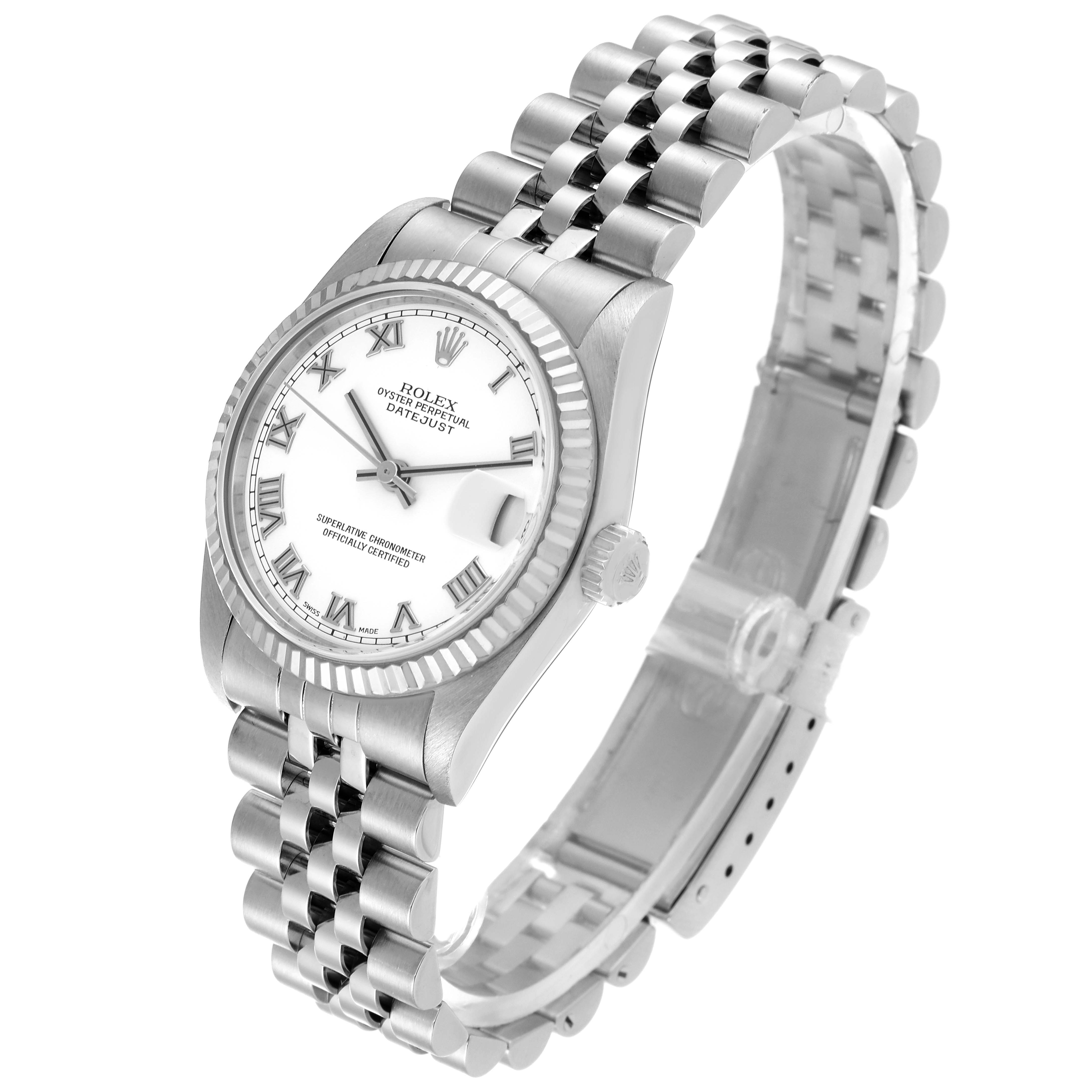 The image shows a Mid-Size Rolex Datejust watch at an angled view, highlighting the face, bezel, case, bracelet, and clasp.