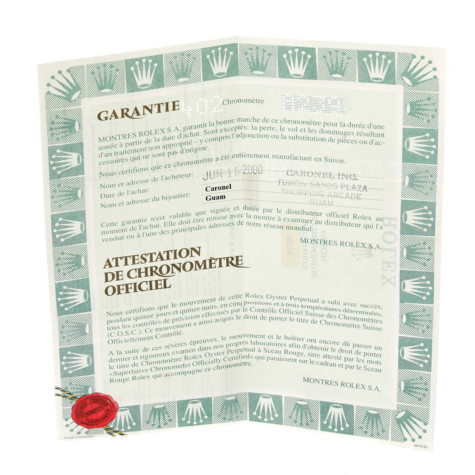 The image shows a warranty certificate for a Rolex Mid-Size 78274 Women
s Stainless Steel White Dial 78274 Women
s Stainless Steel White Dial model, featuring text and decorative elements.