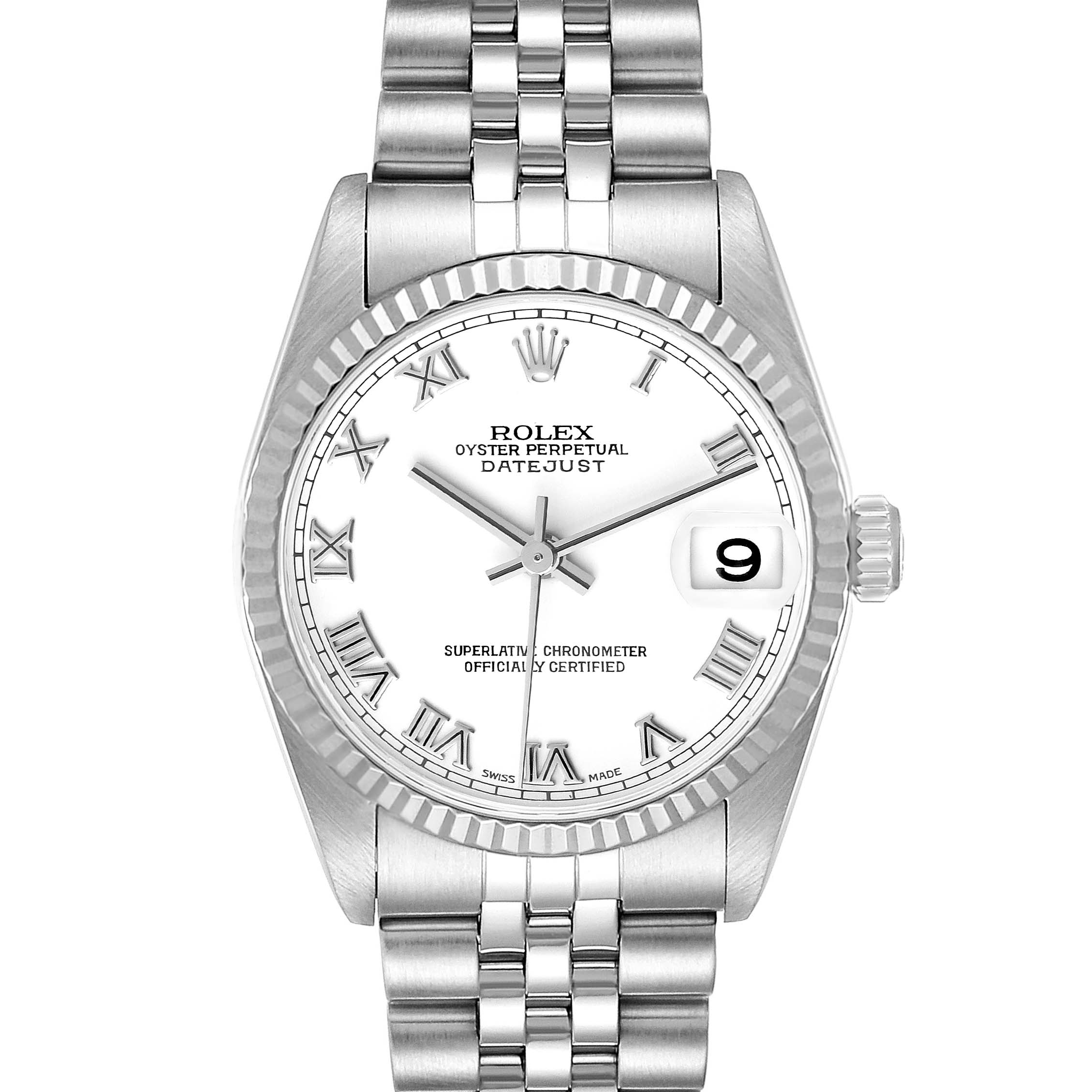 This image shows a front view of the Rolex Oyster Perpetual Datejust Mid-Size watch, showcasing its face, bezel, and bracelet.
