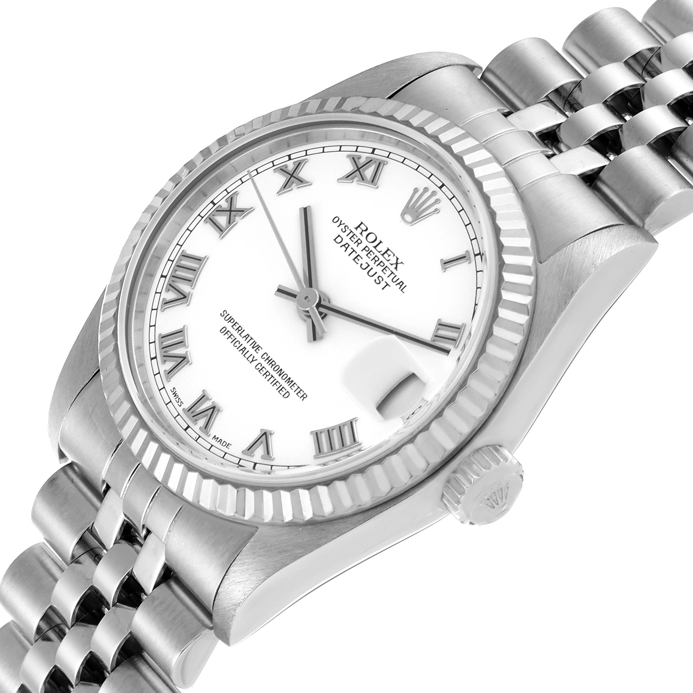 The image shows a Rolex Oyster Perpetual Datejust Mid-Size model at a tilted angle, highlighting the watch face, bezel, and part of the bracelet.