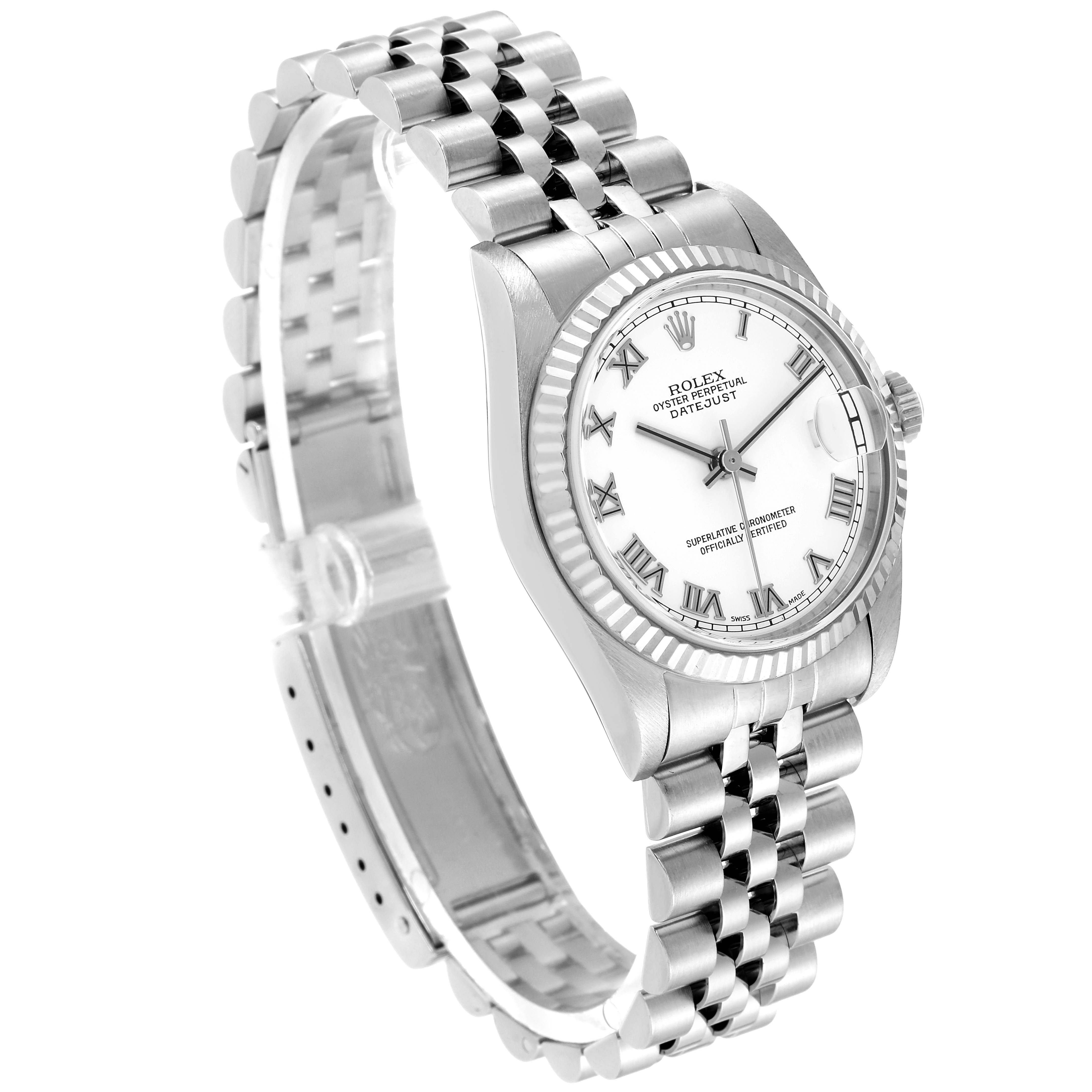 The image shows a Mid-Size Rolex Datejust watch from a three-quarter angle, featuring its bracelet, case, and dial.