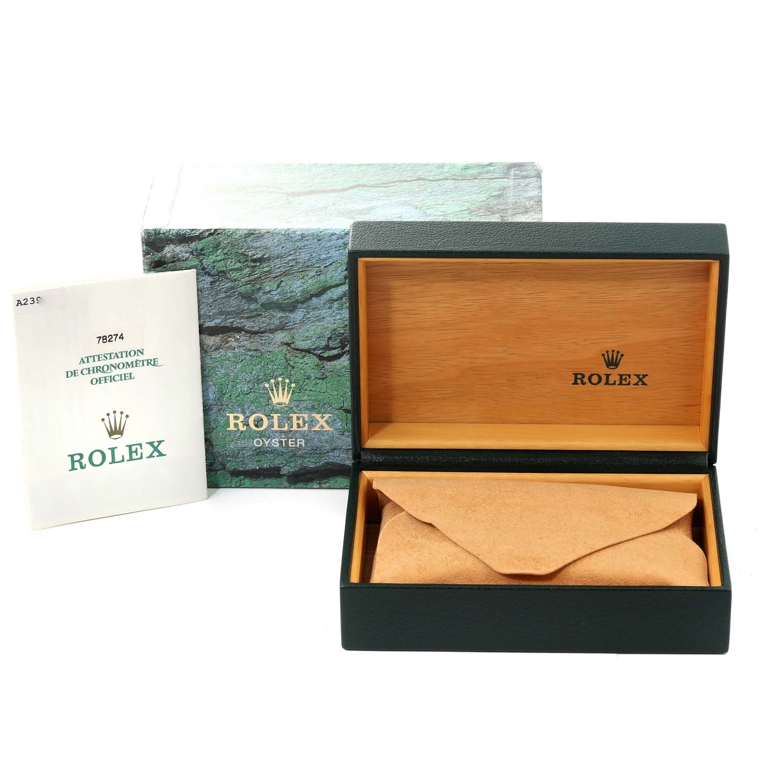 The image shows an open Rolex Mid-Size 78274 Women
s Stainless Steel White Dial 78274 Women
s Stainless Steel White Dial model watch box, a green outer box, and an official Rolex chronometer certificate booklet.