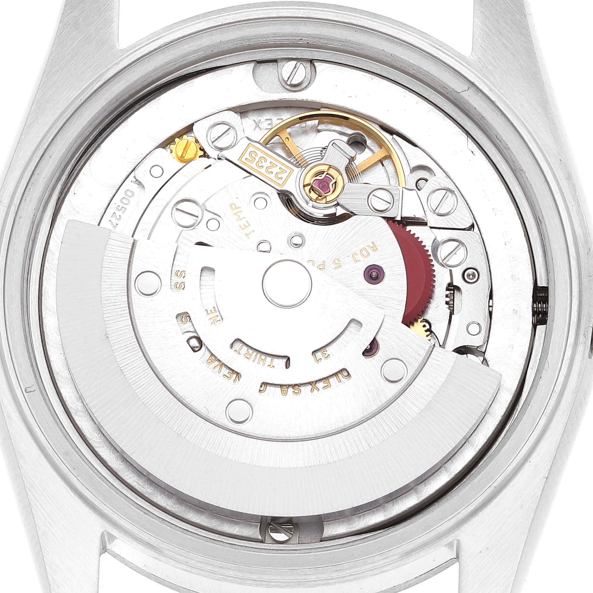 The image shows the back view of the Mid-Size Rolex watch, highlighting the movement and internal mechanisms.