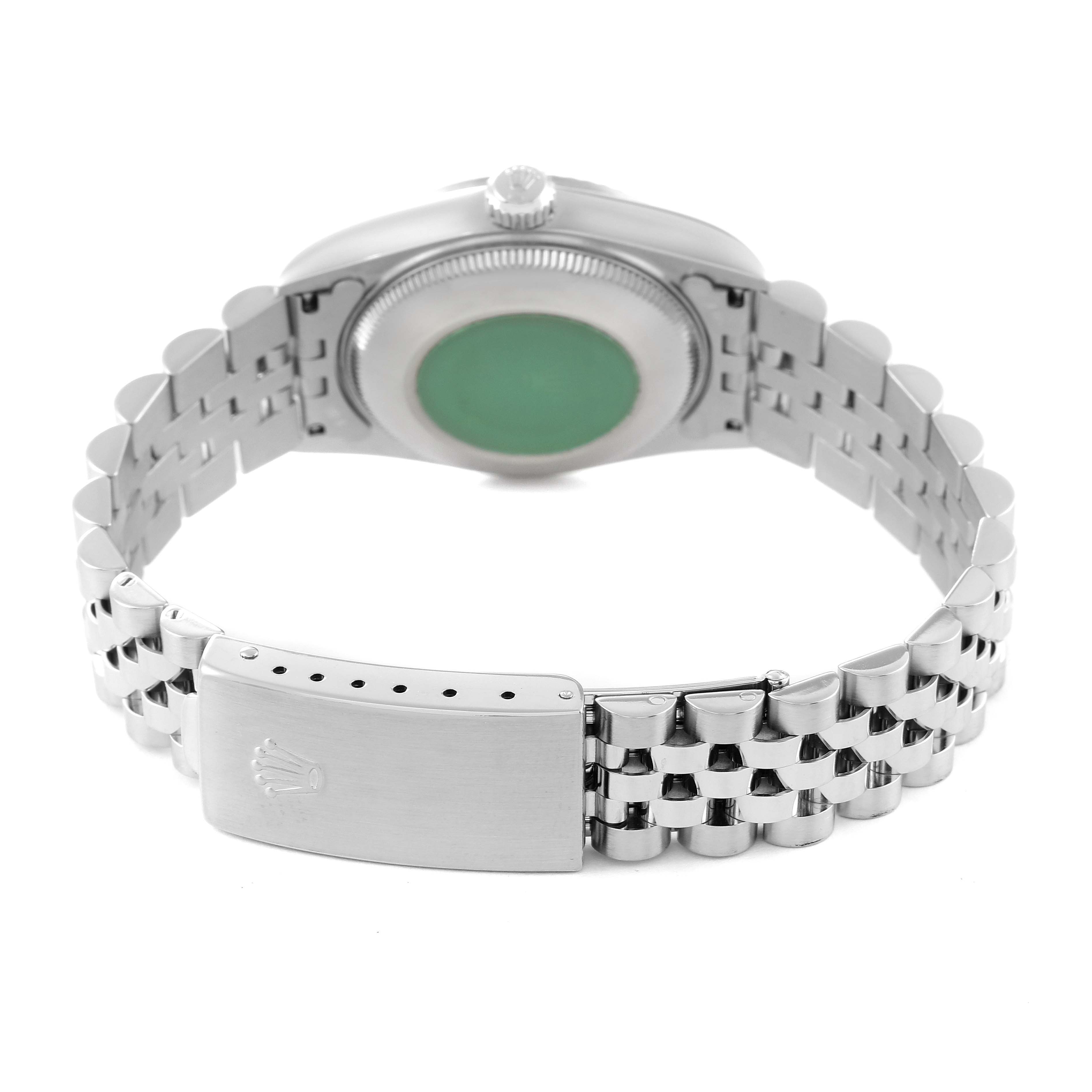 This image shows the back view of a Rolex Mid-Size 78274 Women
s Stainless Steel White Dial 78274 Women
s Stainless Steel White Dial watch, highlighting the case back, crown, and bracelet with clasp.