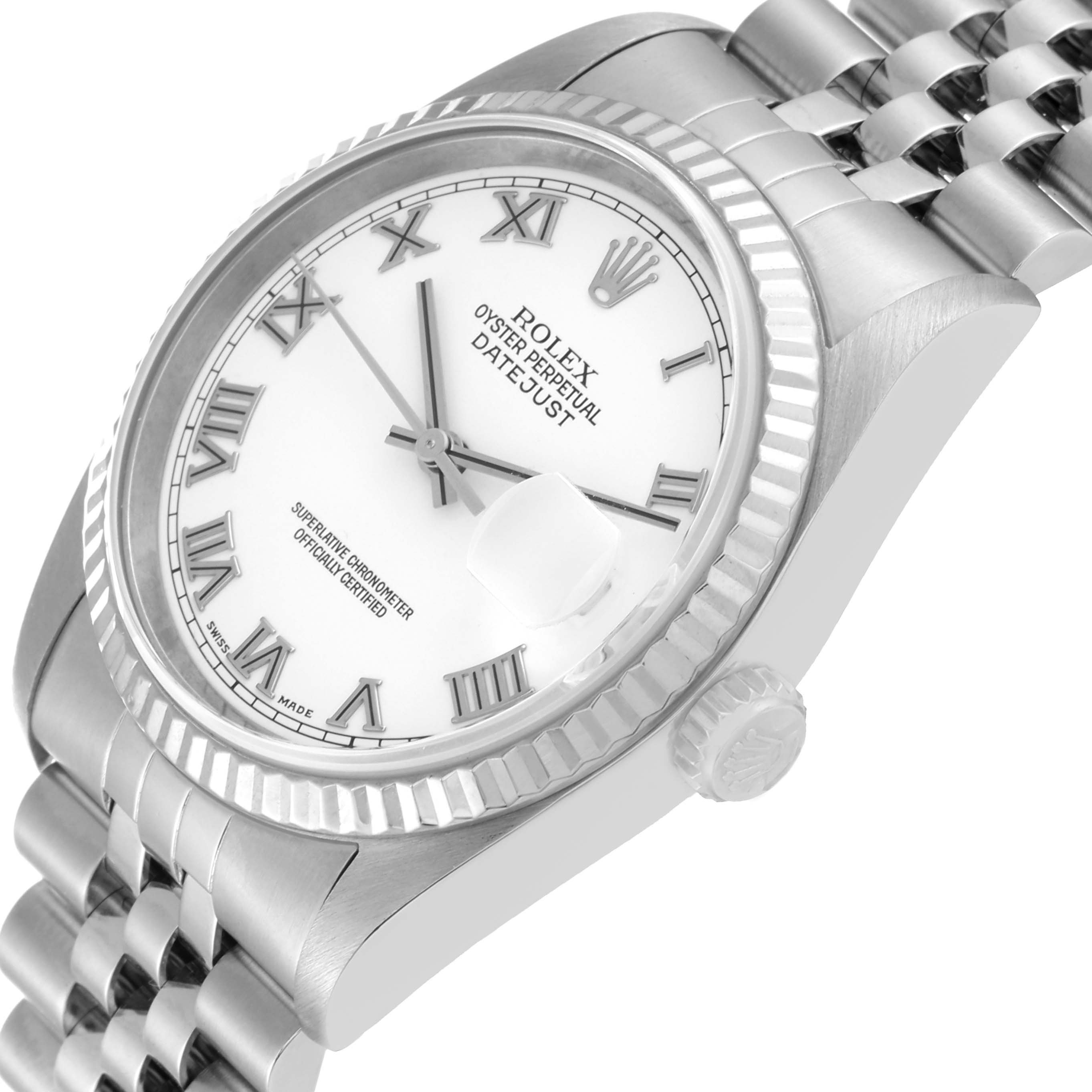 The image shows a close-up, angled view of the Rolex Datejust 16234 Men's Stainless Steel White Dial 16234 Men's Stainless Steel White Dial watch, highlighting its face, bezel, and part of the bracelet.