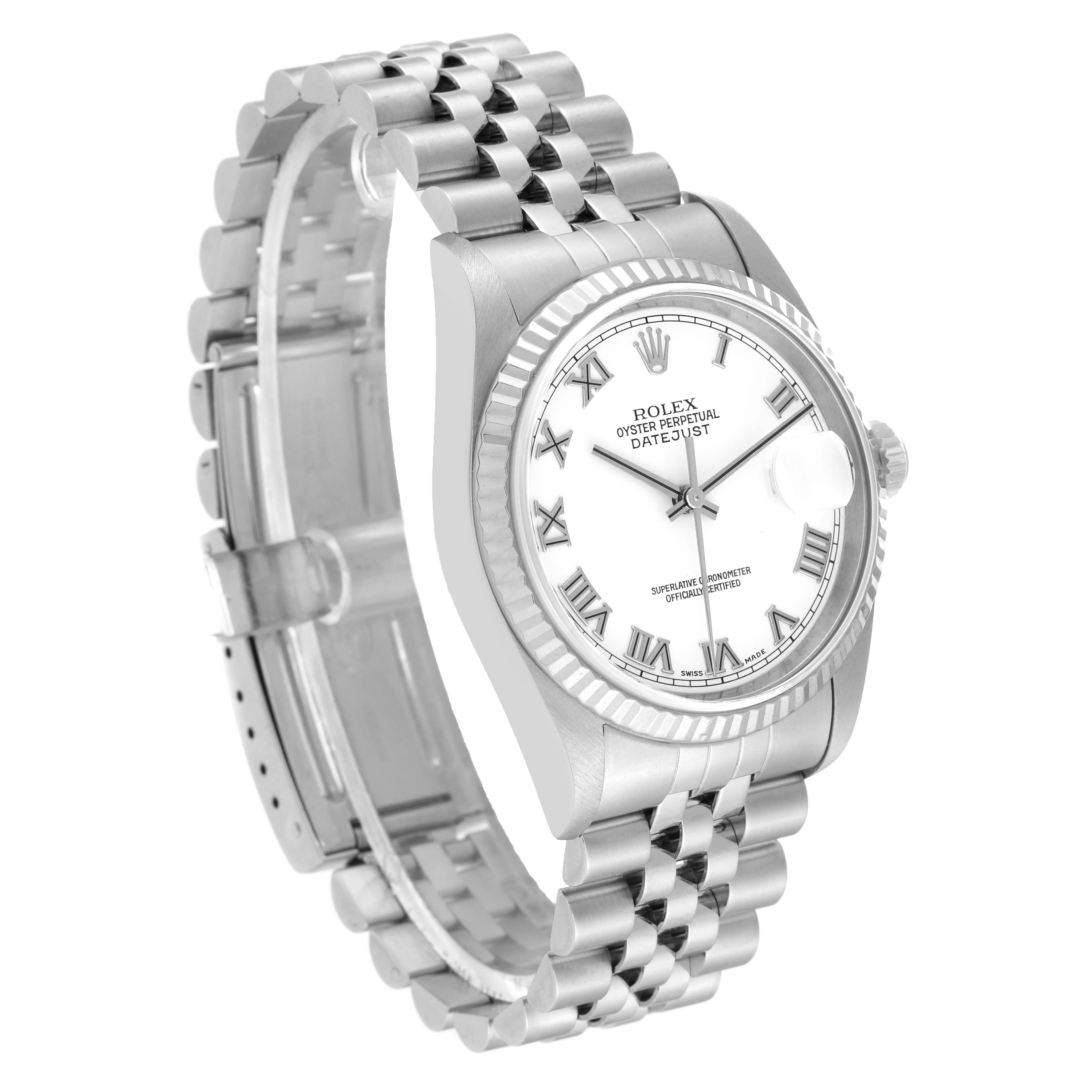 The image shows a Rolex Datejust 16234 Men's Stainless Steel White Dial 16234 Men's Stainless Steel White Dial watch at an angled view, displaying the face, bezel, and bracelet.