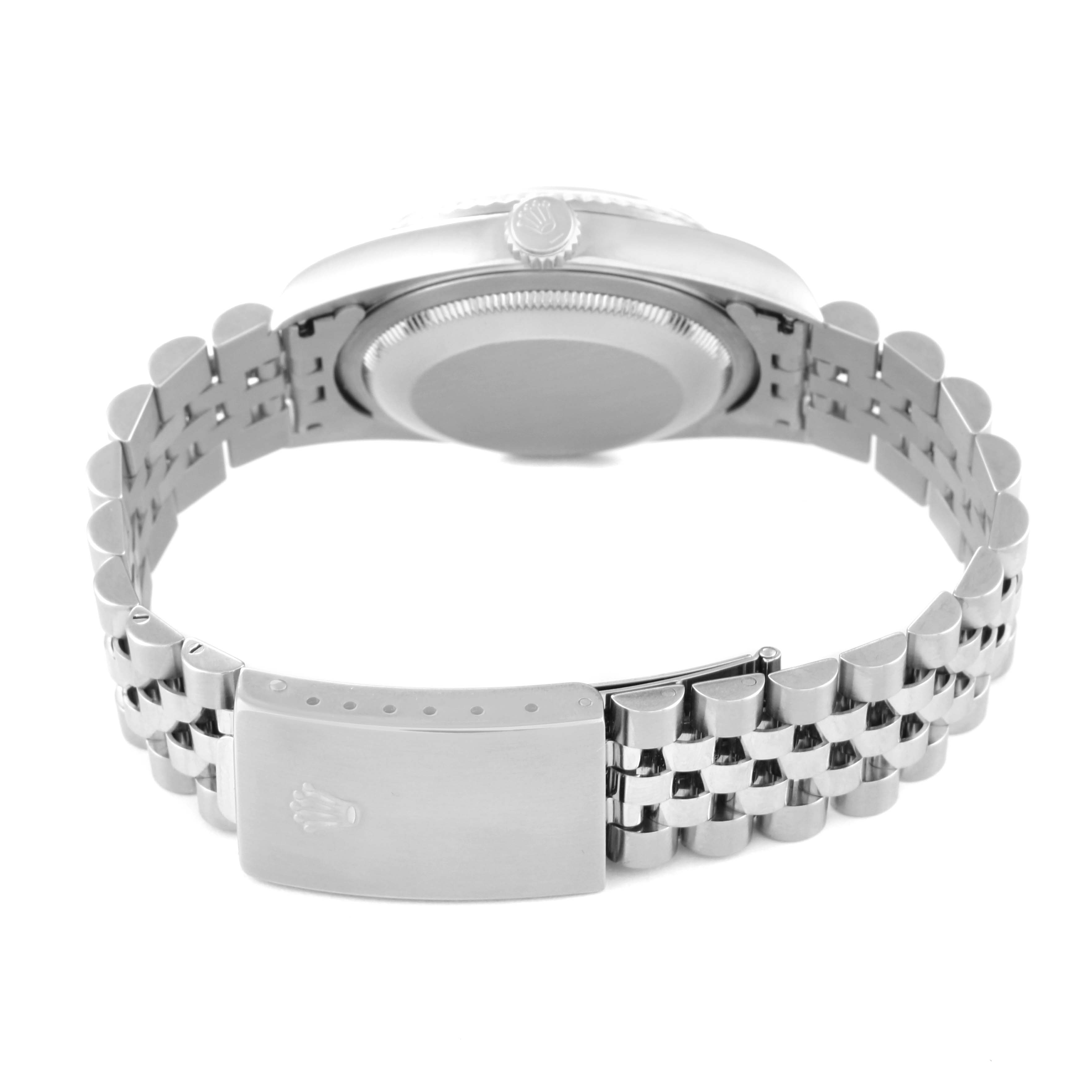 This image shows the backside and clasp of a Rolex Datejust 16234 Men's Stainless Steel White Dial 16234 Men's Stainless Steel White Dial model, highlighting the bracelet and case back.