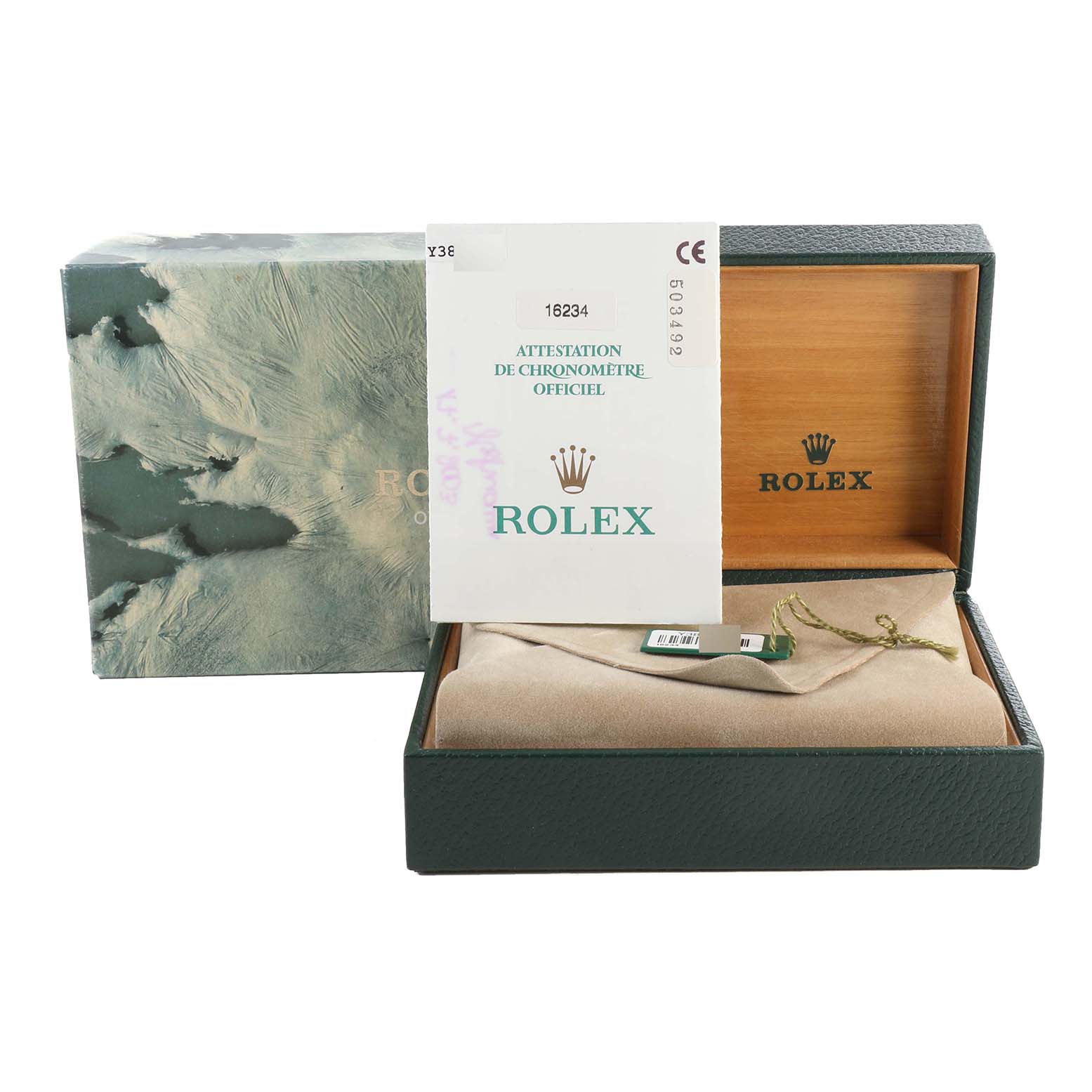 The image shows the packaging, paperwork, and accessories of a Rolex Datejust 16234 Men's Stainless Steel White Dial 16234 Men's Stainless Steel White Dial watch, including the box and official certificate.