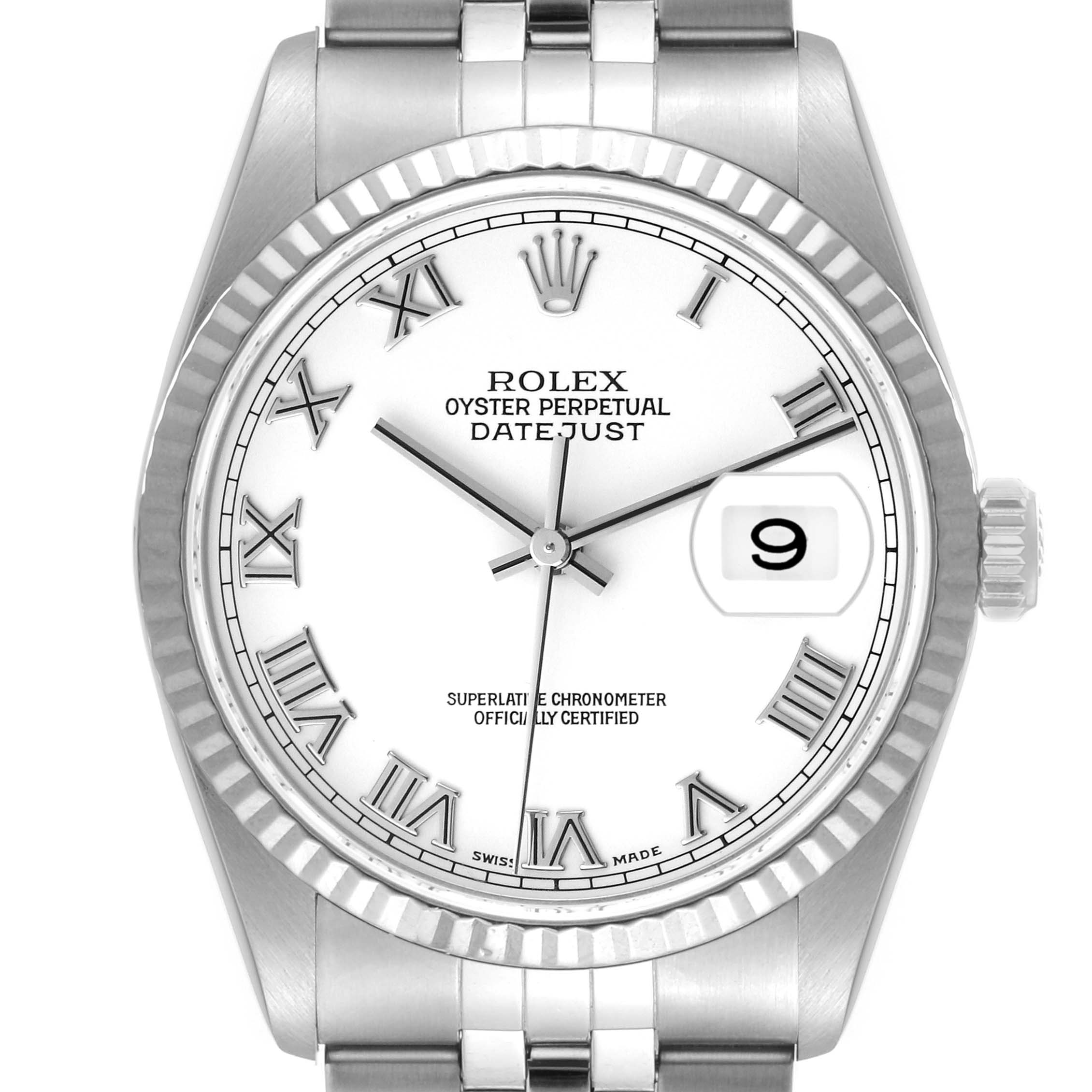 This image shows a front view of a Rolex Datejust 16234 Men's Stainless Steel White Dial 16234 Men's Stainless Steel White Dial watch, highlighting its white dial, Roman numerals, date display, and fluted bezel.