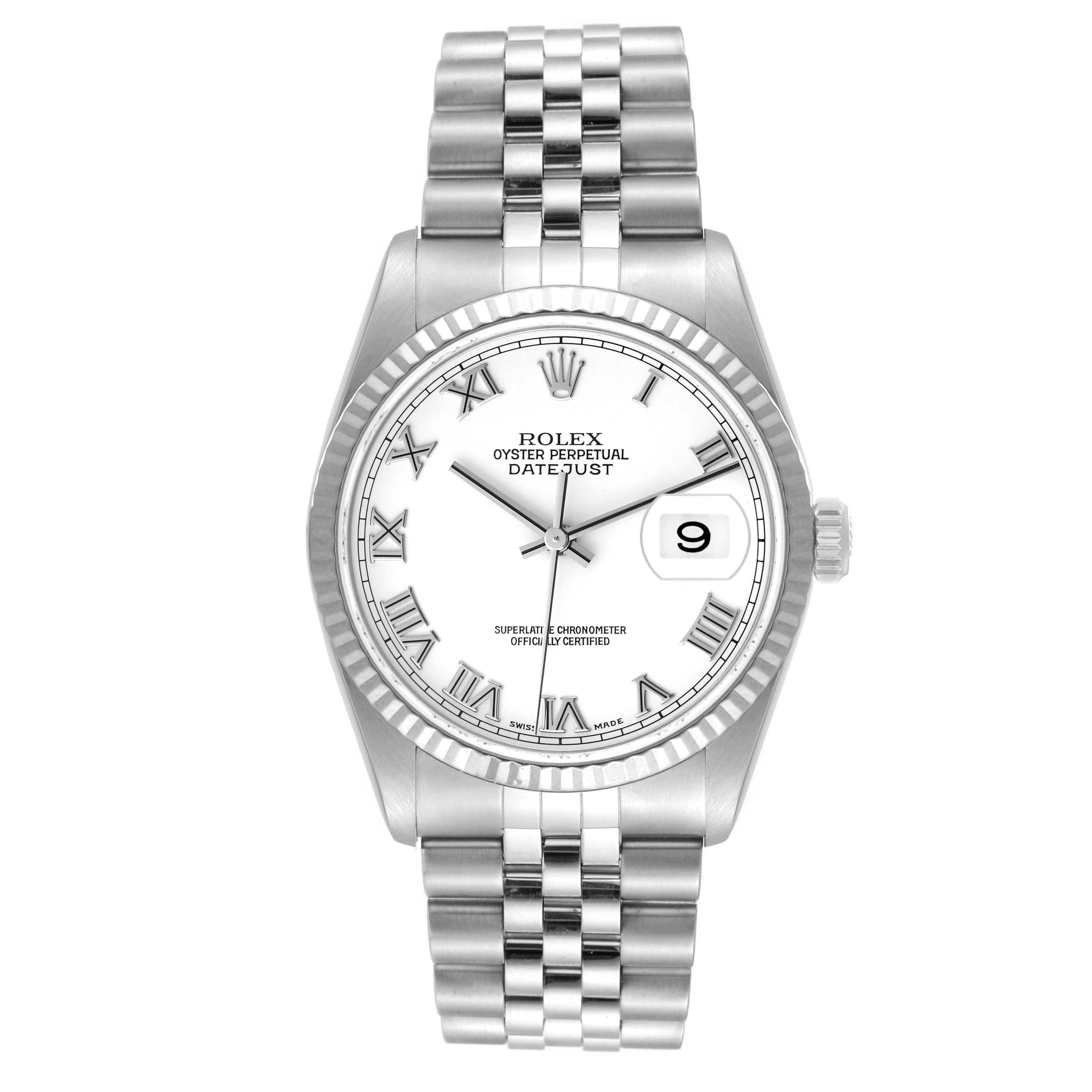This is a frontal view of a Rolex Datejust 16234 Men's Stainless Steel White Dial 16234 Men's Stainless Steel White Dial watch, featuring its white dial, fluted bezel, and Jubilee bracelet.