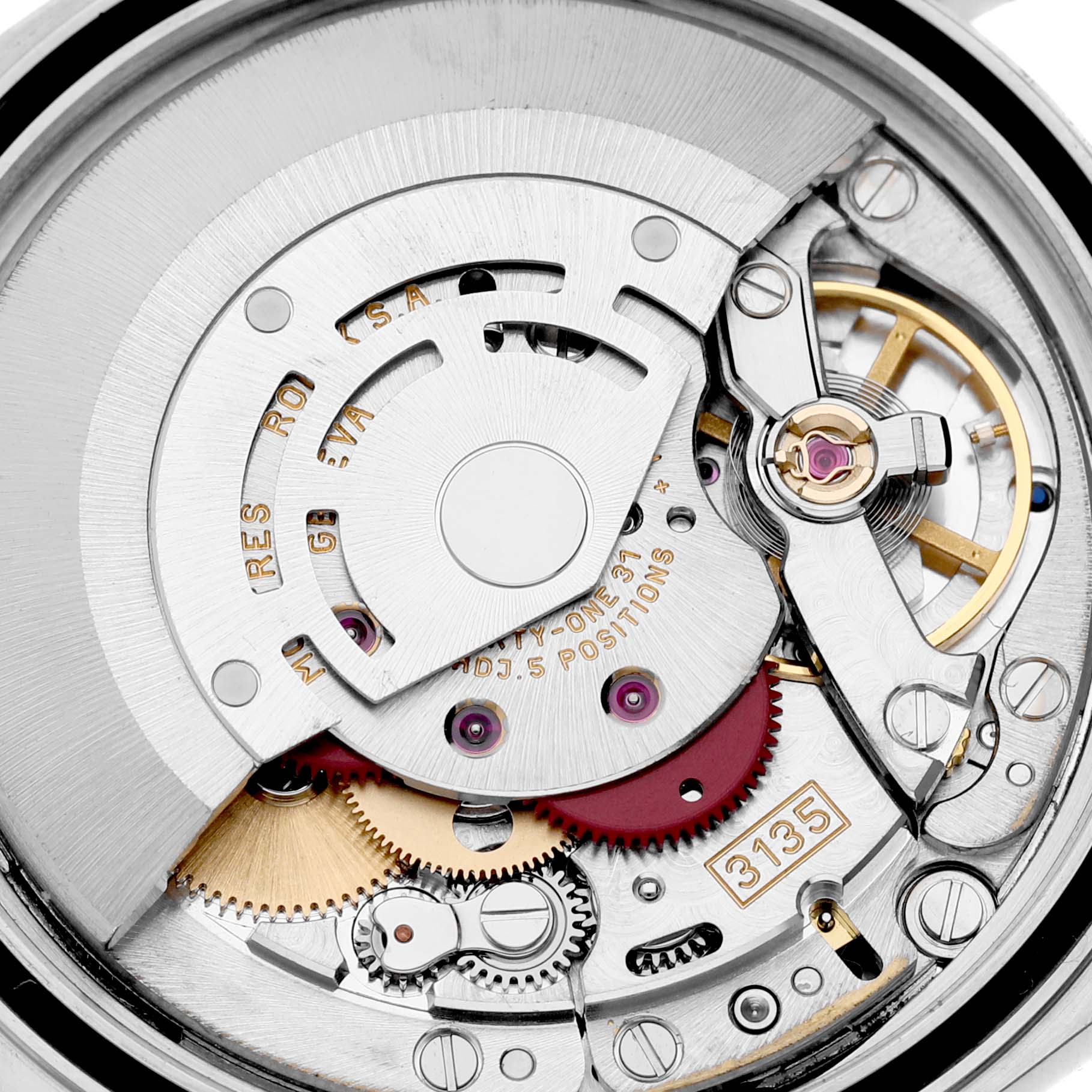 The image shows the Rolex Datejust 16234 Men's Stainless Steel White Dial 16234 Men's Stainless Steel White Dial's movement, specifically the intricate internal gears and mechanisms.