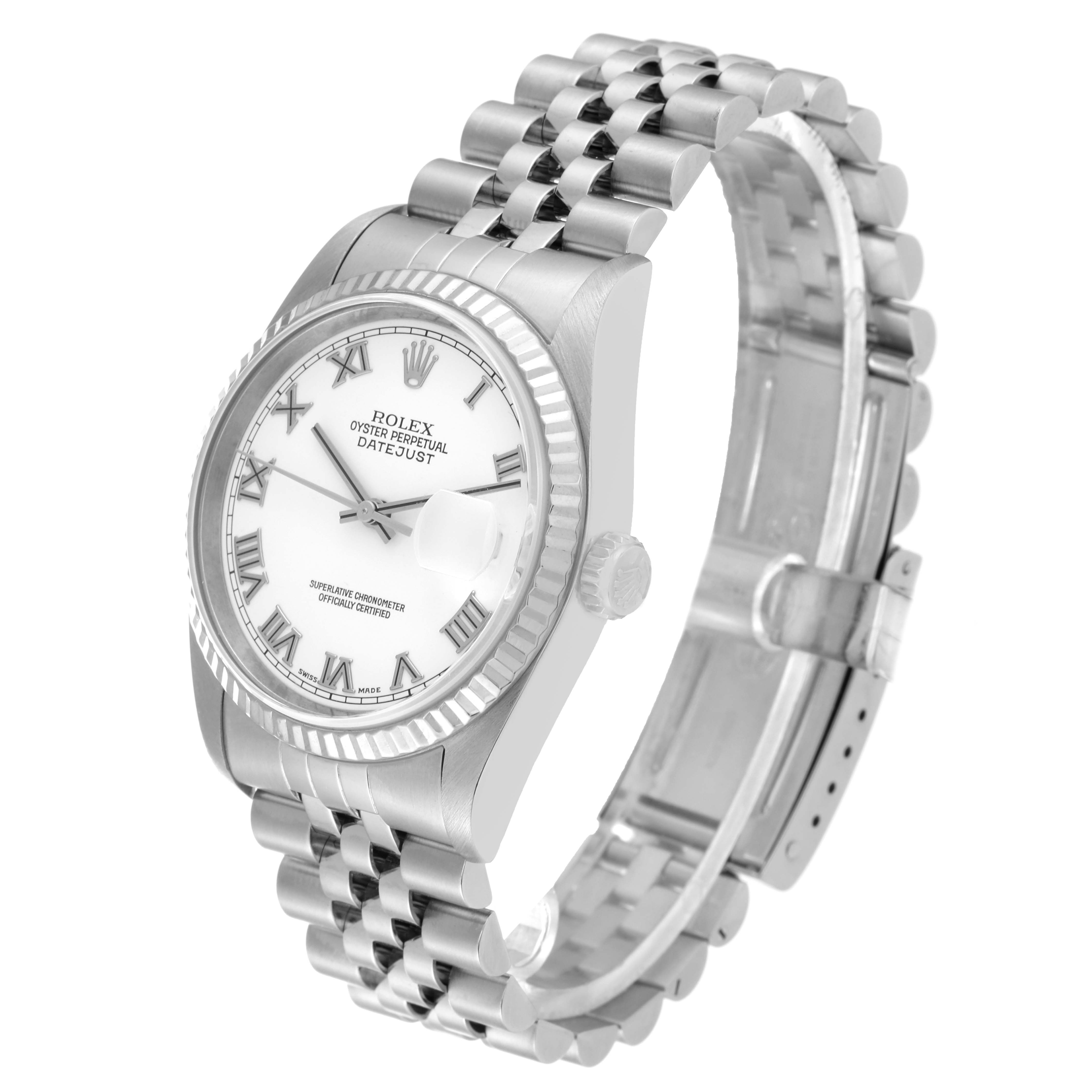 The image shows a Rolex Datejust 16234 Men's Stainless Steel White Dial 16234 Men's Stainless Steel White Dial watch at a slight angle, highlighting the face, bezel, crown, and part of the bracelet.