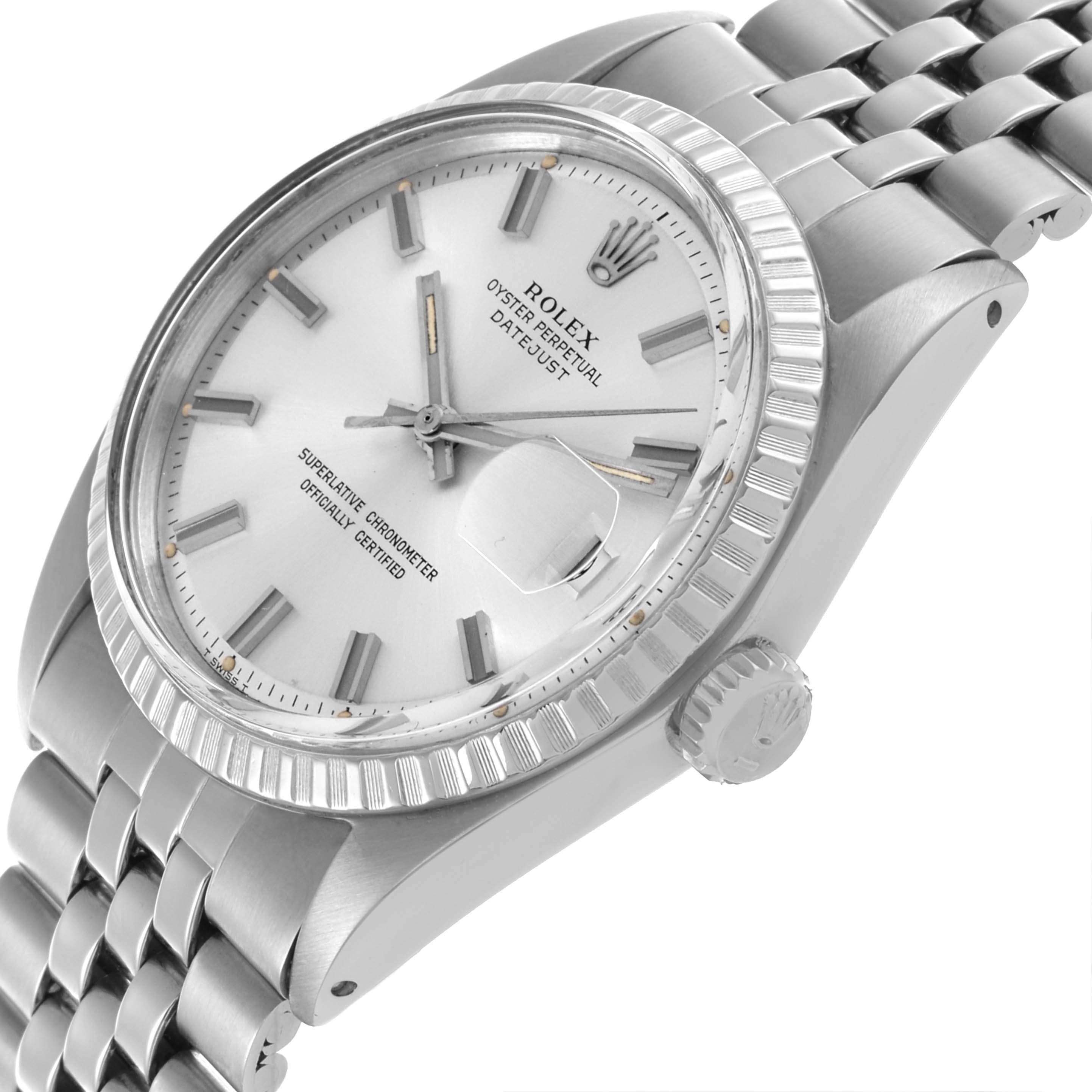 The Rolex Datejust 1603 Men
s Stainless Steel Silver Dial 1603 Men
s Stainless Steel Silver Dial watch is shown at an angled view featuring the dial, bezel, crown, and part of the bracelet.