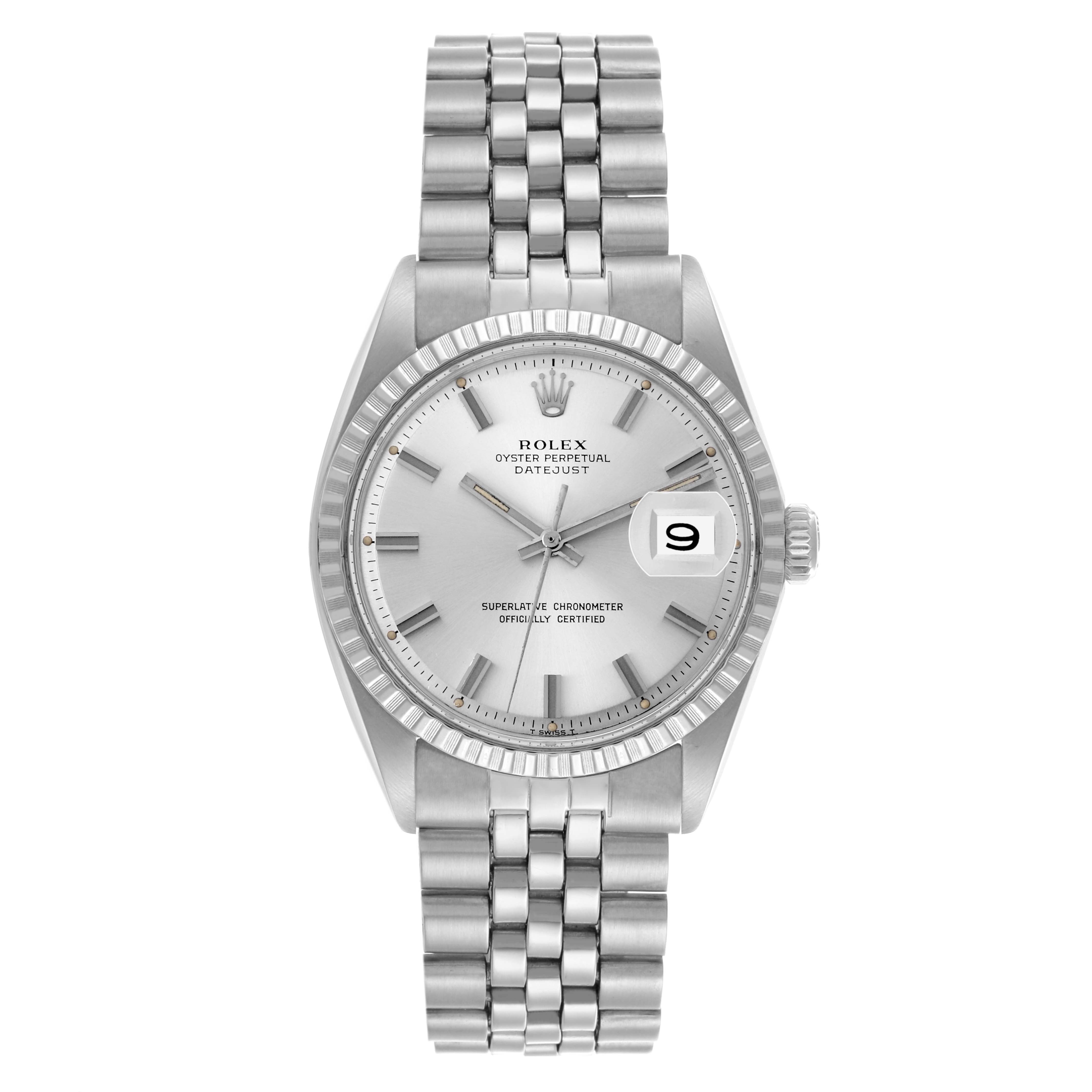 The Rolex Datejust 1603 Men
s Stainless Steel Silver Dial 1603 Men
s Stainless Steel Silver Dial watch is shown from the front, displaying the dial, bezel, bracelet, and date magnifier.