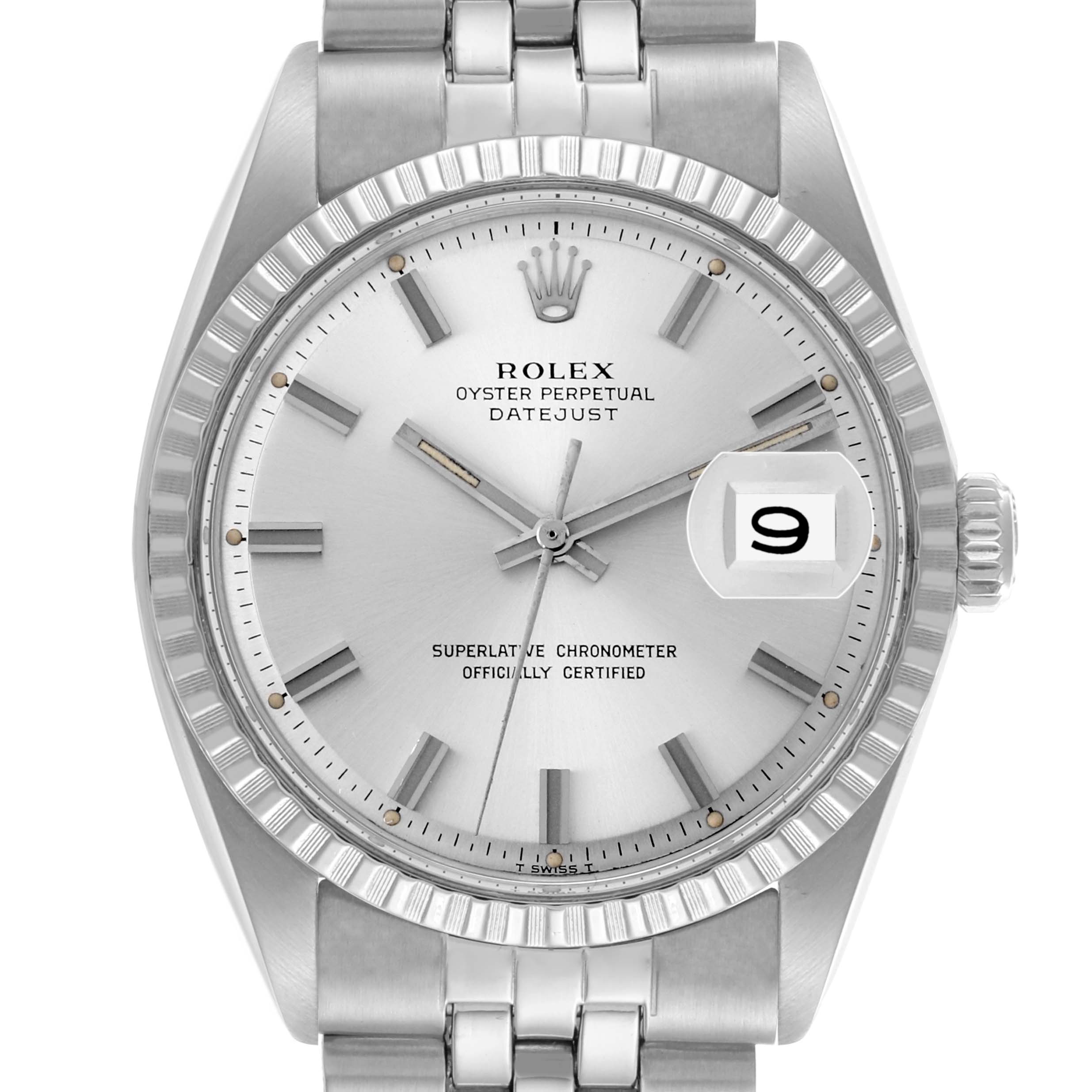 The Rolex Datejust 1603 Men
s Stainless Steel Silver Dial 1603 Men
s Stainless Steel Silver Dial watch is shown from a front angle, highlighting the dial, date window, bezel, and a portion of the bracelet.