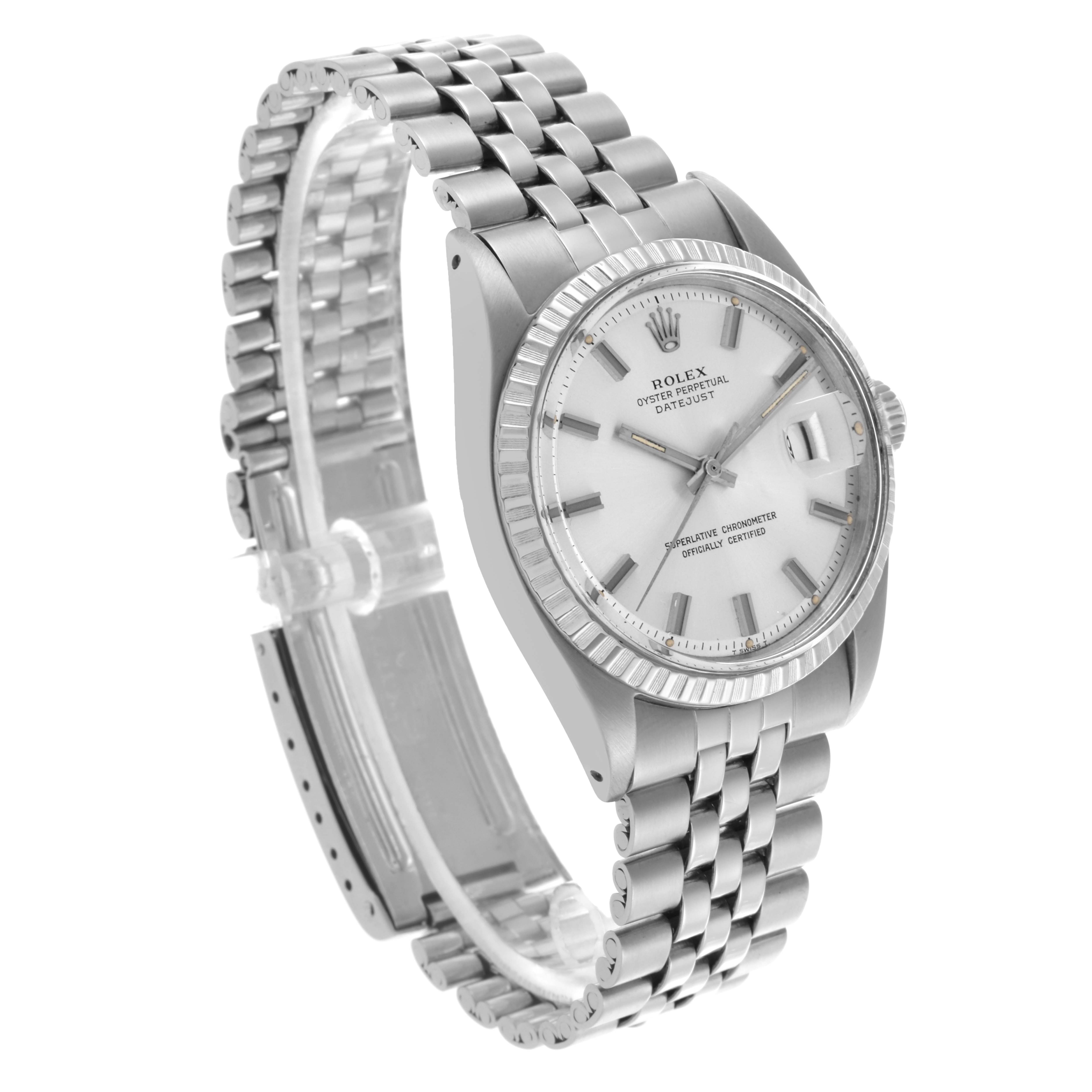 The Rolex Datejust 1603 Men
s Stainless Steel Silver Dial 1603 Men
s Stainless Steel Silver Dial watch is shown at a three-quarter angle, highlighting its face, bezel, and bracelet.