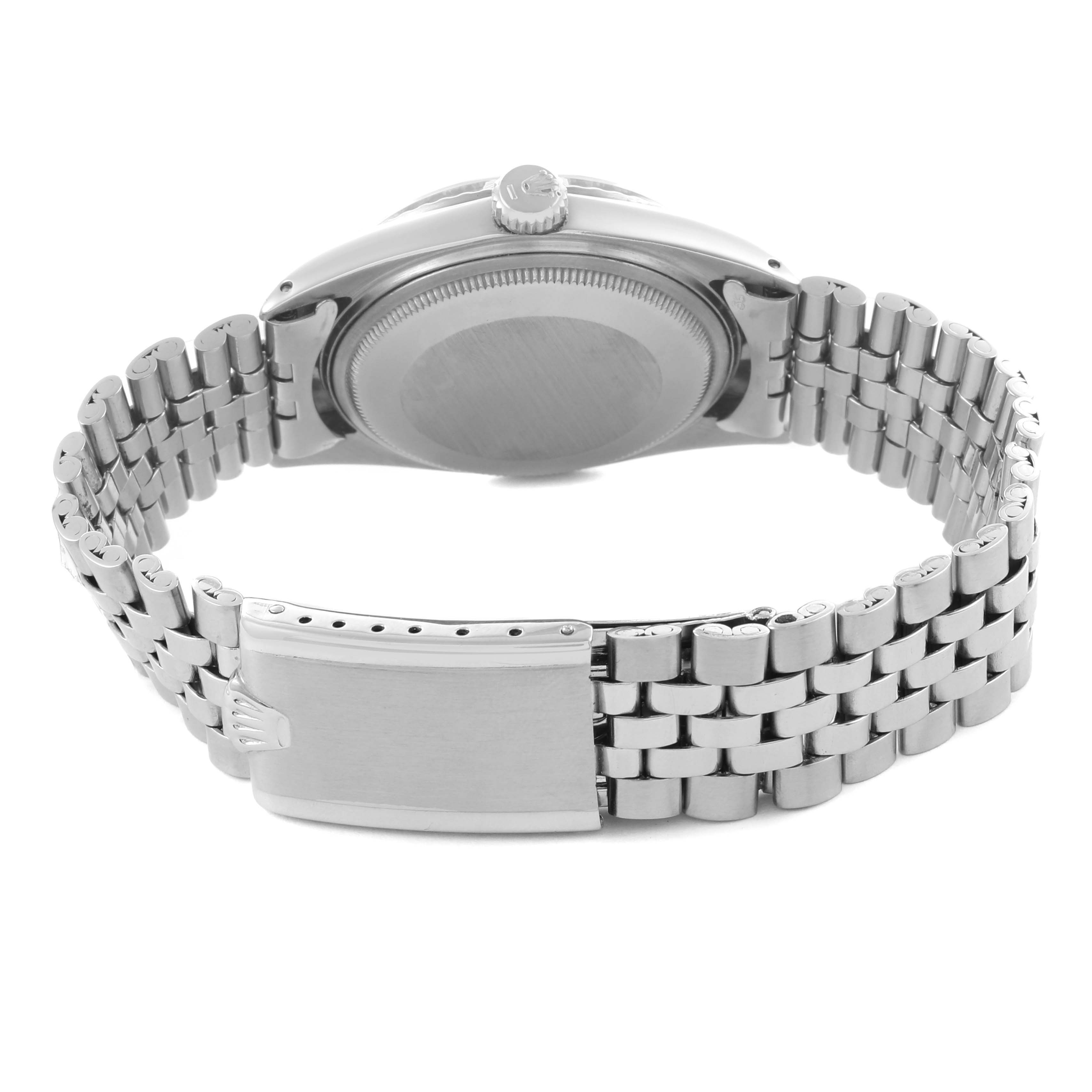 The image shows the back and bracelet of the Rolex Datejust 1603 Men
s Stainless Steel Silver Dial 1603 Men
s Stainless Steel Silver Dial watch, displaying the clasp and caseback.