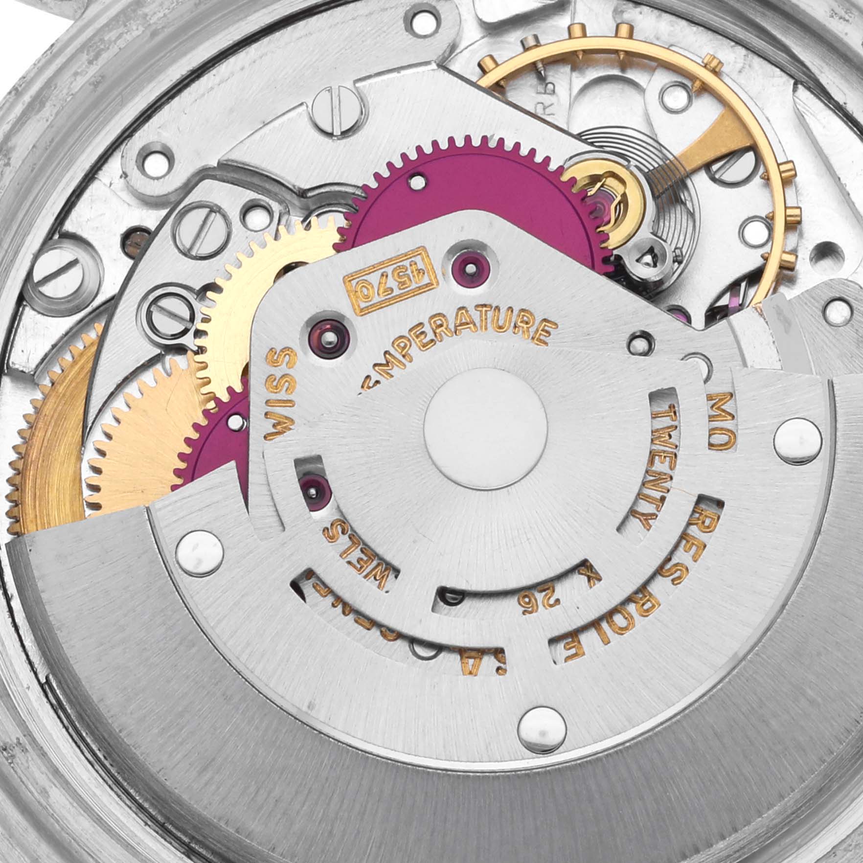 The image shows the movement mechanism of a Rolex Datejust 1603 Men
s Stainless Steel Silver Dial 1603 Men
s Stainless Steel Silver Dial watch, highlighting gears and components from a top-down angle.