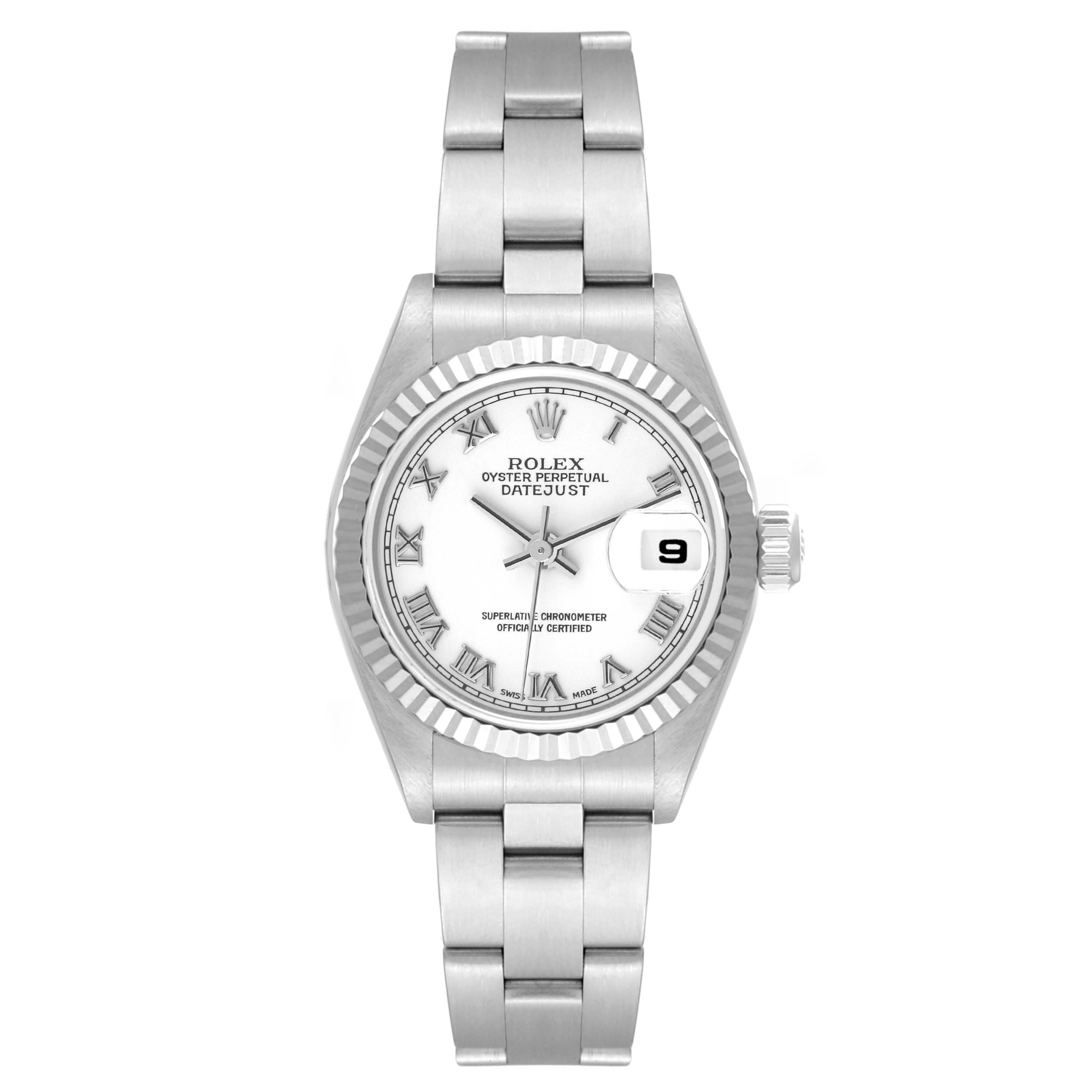The image shows a Rolex Datejust 79174 Women's Stainless Steel White Dial 79174 Women's Stainless Steel White Dial watch from a top-down angle, highlighting its bracelet, dial, and date window.