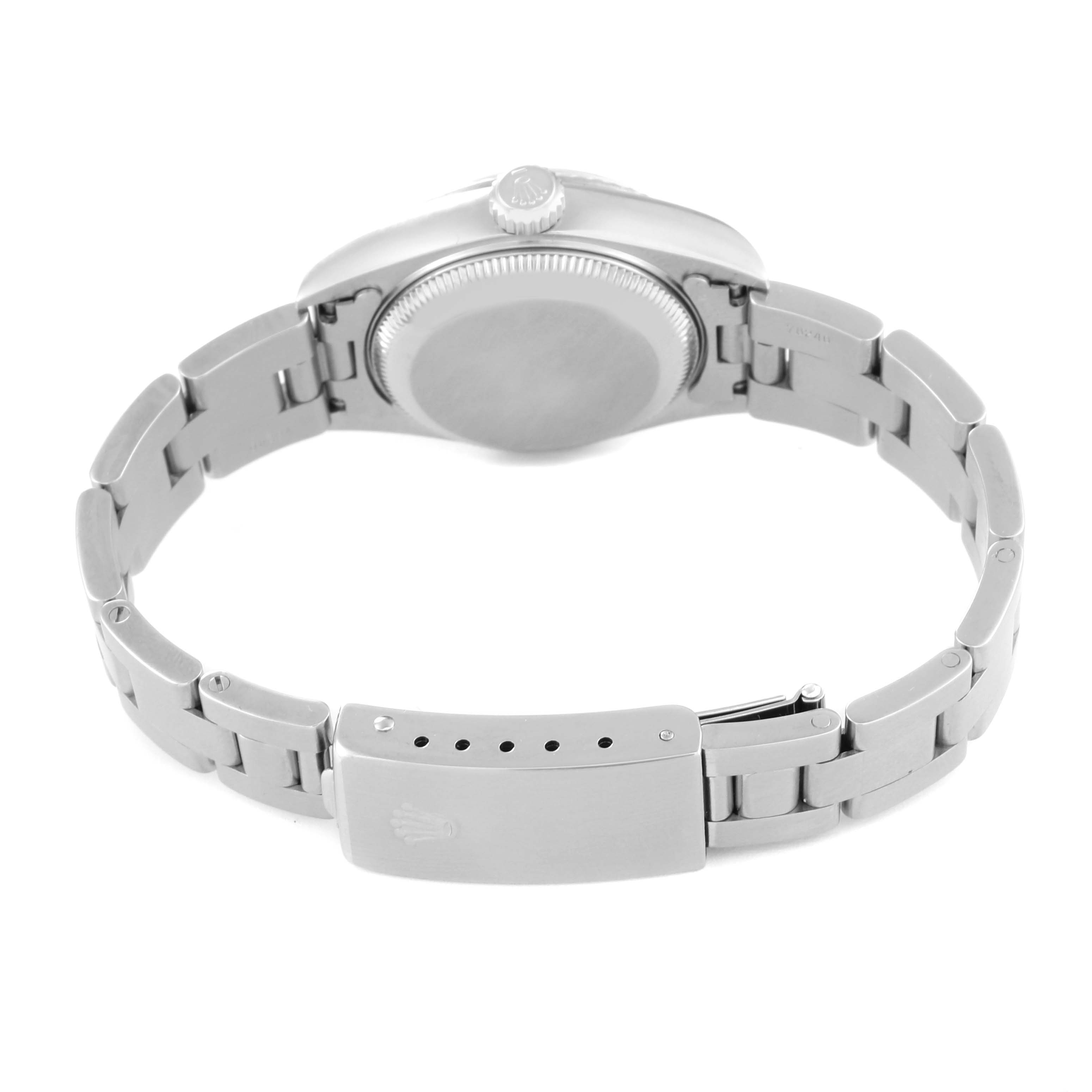 This image shows the back view of the Rolex Datejust 79174 Women's Stainless Steel White Dial 79174 Women's Stainless Steel White Dial, focusing on the case back and bracelet clasp.