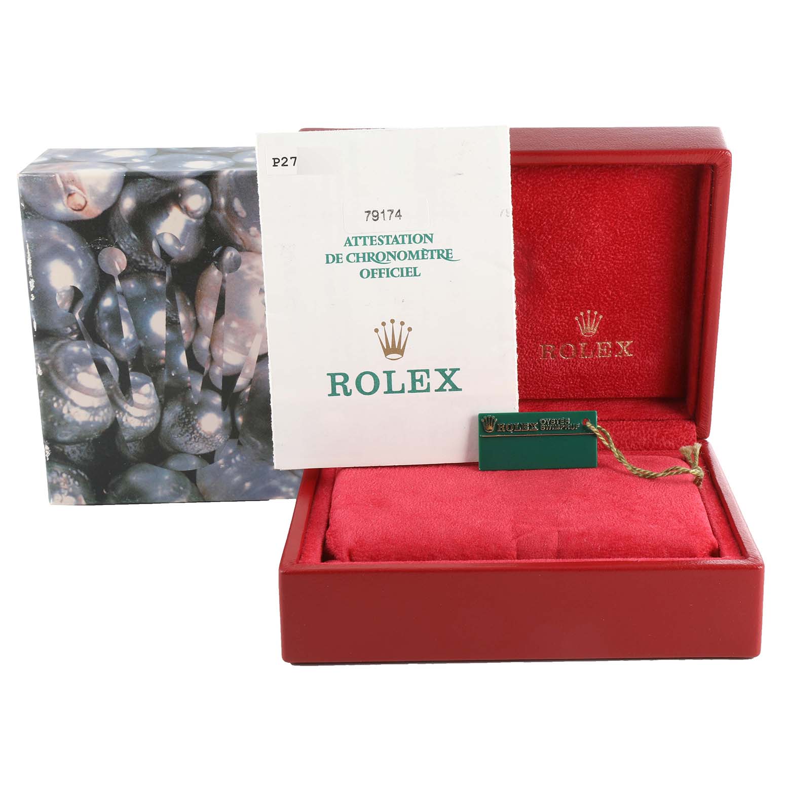 The image shows a Rolex Datejust 79174 Women's Stainless Steel White Dial 79174 Women's Stainless Steel White Dial box with a certificate, tag, and cushion at an elevated front angle.
