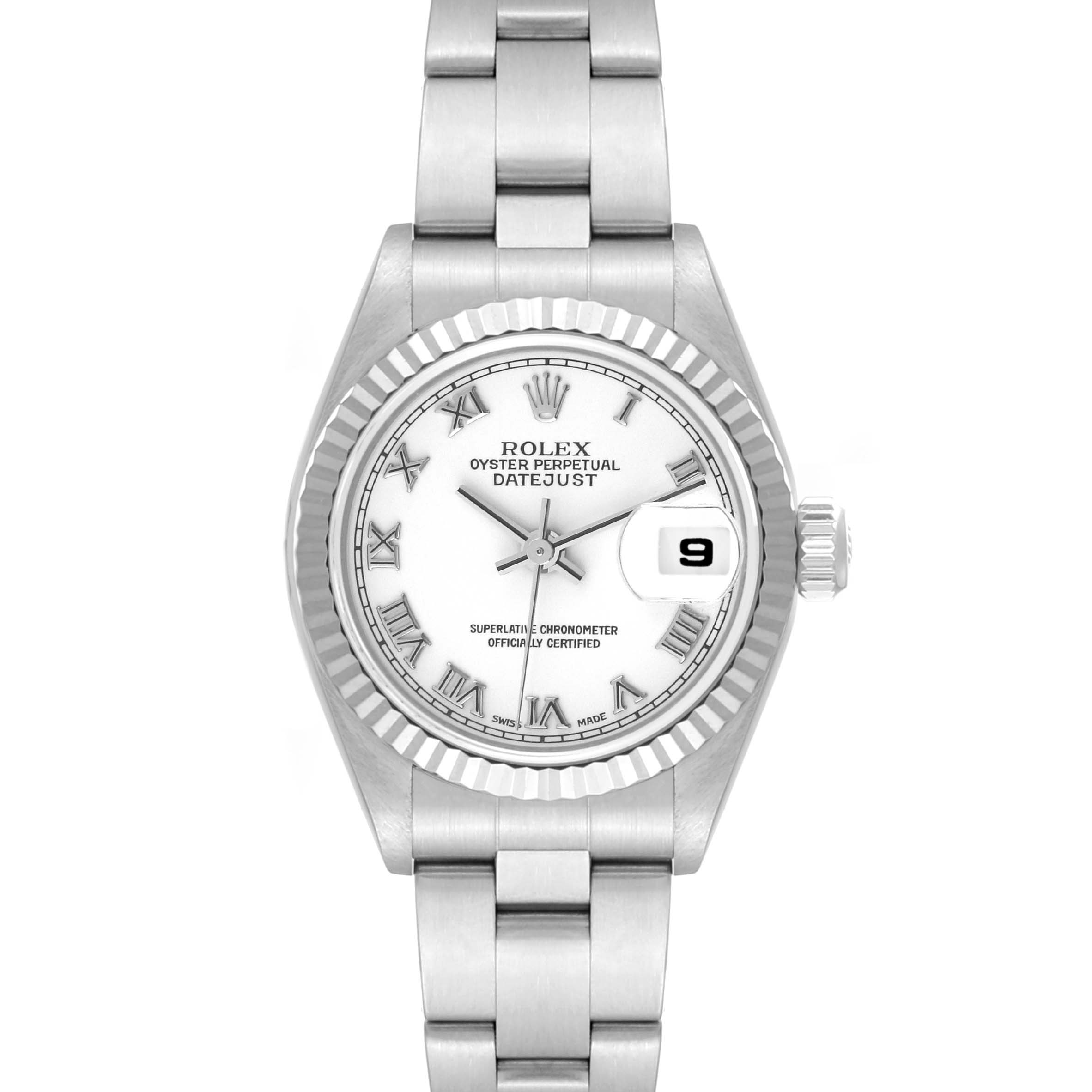 This is a front view of the Rolex Datejust 79174 Women's Stainless Steel White Dial 79174 Women's Stainless Steel White Dial, showcasing the dial, bezel, crown, and bracelet.