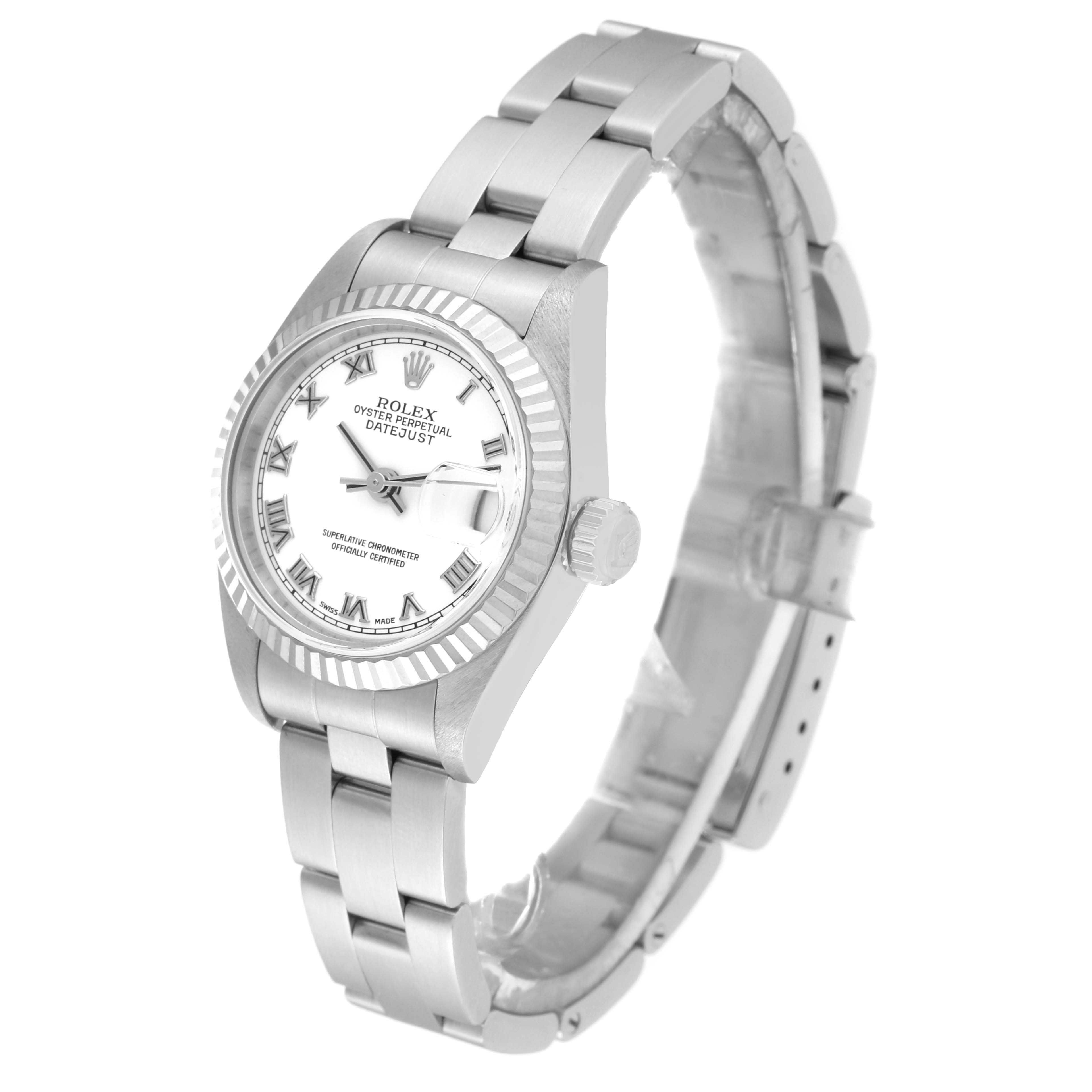 A Rolex Datejust 79174 Women's Stainless Steel White Dial 79174 Women's Stainless Steel White Dial watch is shown at an angle displaying the face, bezel, crown, and part of the bracelet.