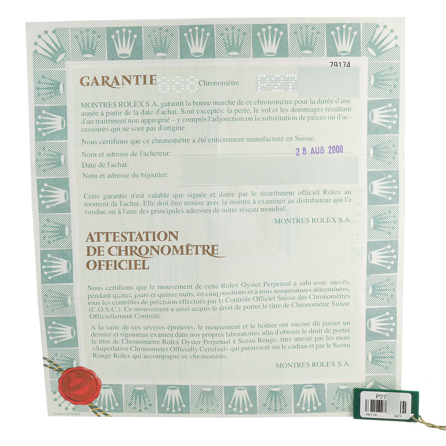 This image shows the warranty certificate for the Rolex Datejust 79174 Women's Stainless Steel White Dial 79174 Women's Stainless Steel White Dial model.