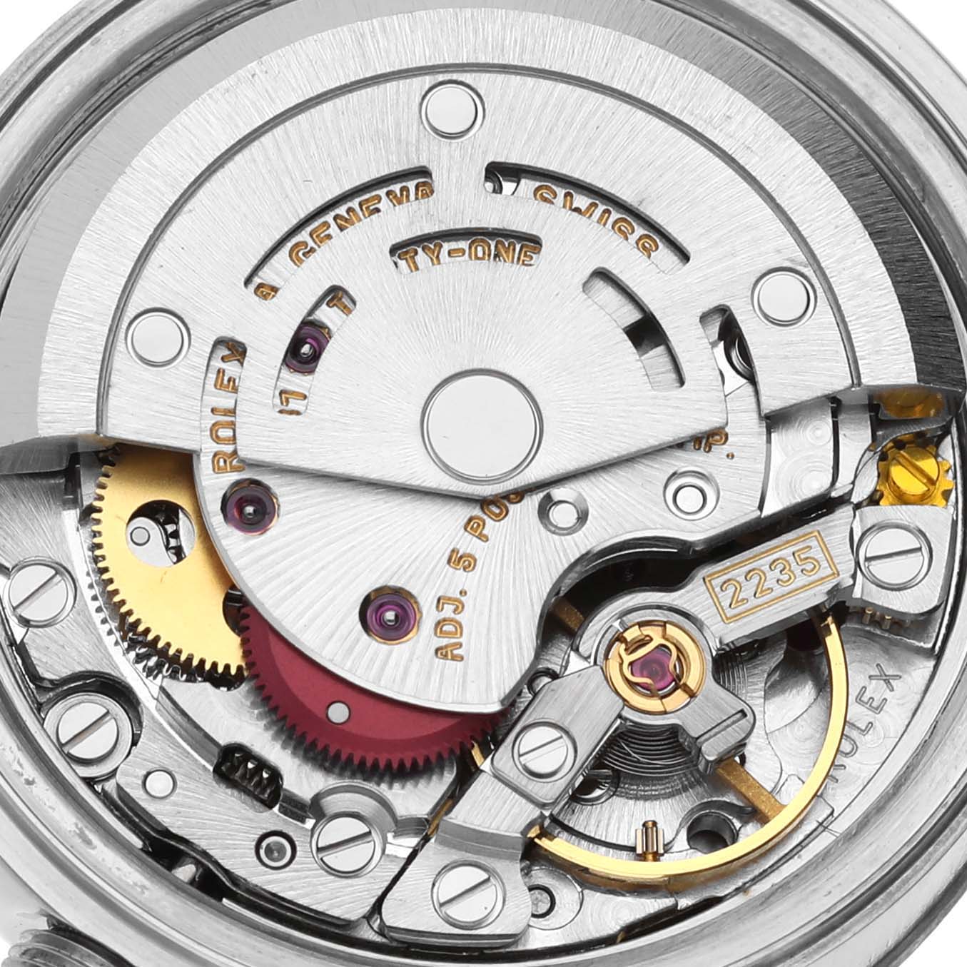 This image shows a close-up of the movement mechanism of a Rolex Datejust 79174 Women's Stainless Steel White Dial 79174 Women's Stainless Steel White Dial watch.