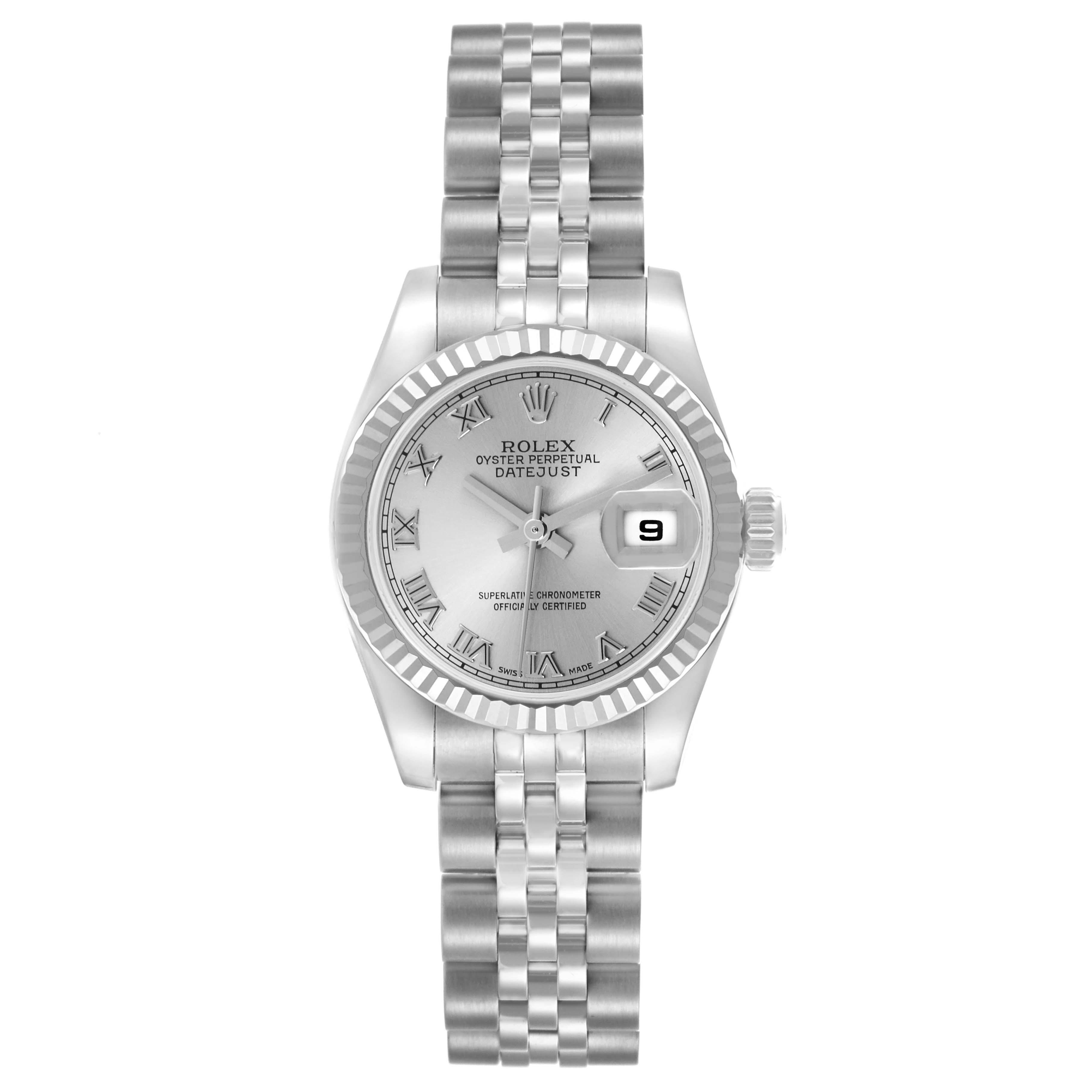 The Rolex Datejust 179174 Women's Stainless Steel Silver Dial 179174 Women's Stainless Steel Silver Dial watch is shown from a top-down angle, featuring the dial, bezel, bracelet, and date window.