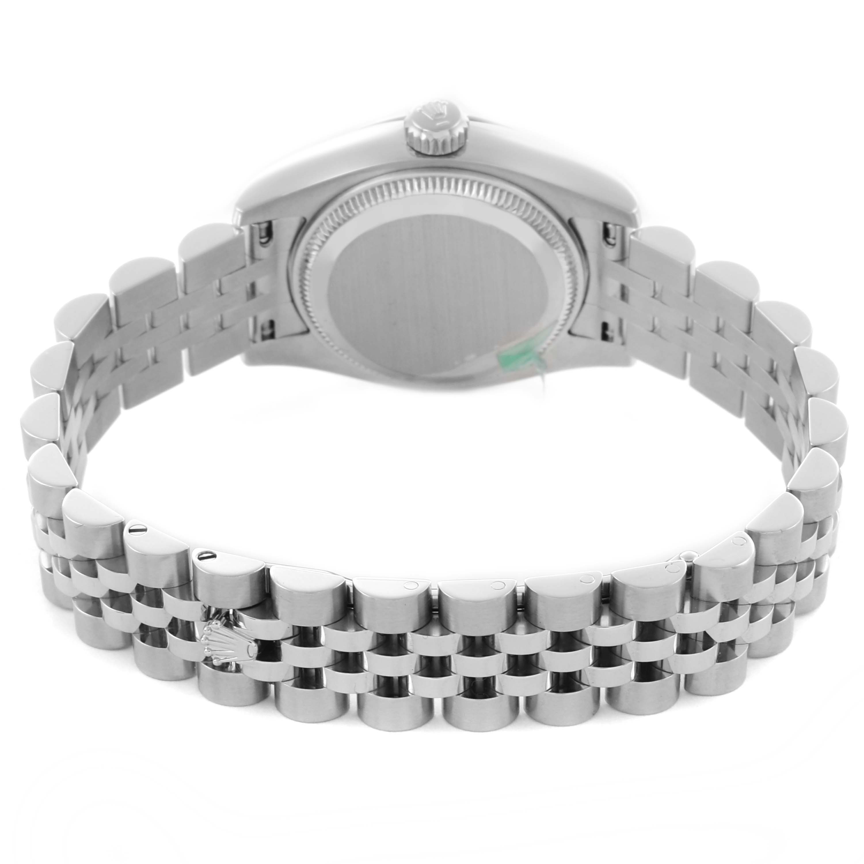 The image shows the back case and bracelet of a Rolex Datejust 179174 Women's Stainless Steel Silver Dial 179174 Women's Stainless Steel Silver Dial watch from a rear angle.