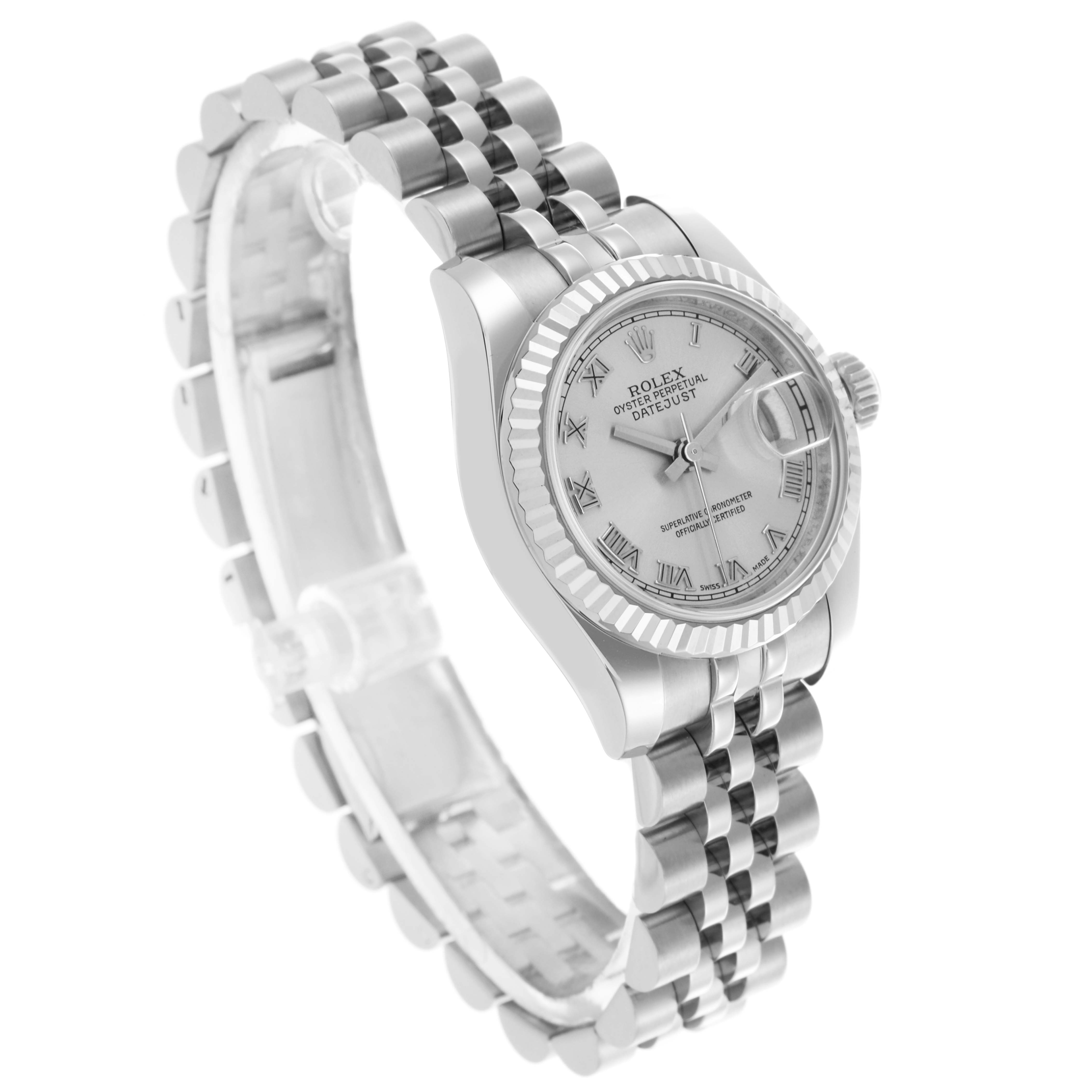 The Rolex Datejust 179174 Women's Stainless Steel Silver Dial 179174 Women's Stainless Steel Silver Dial watch is shown at a three-quarter angle, displaying the face, fluted bezel, and Jubilee bracelet.